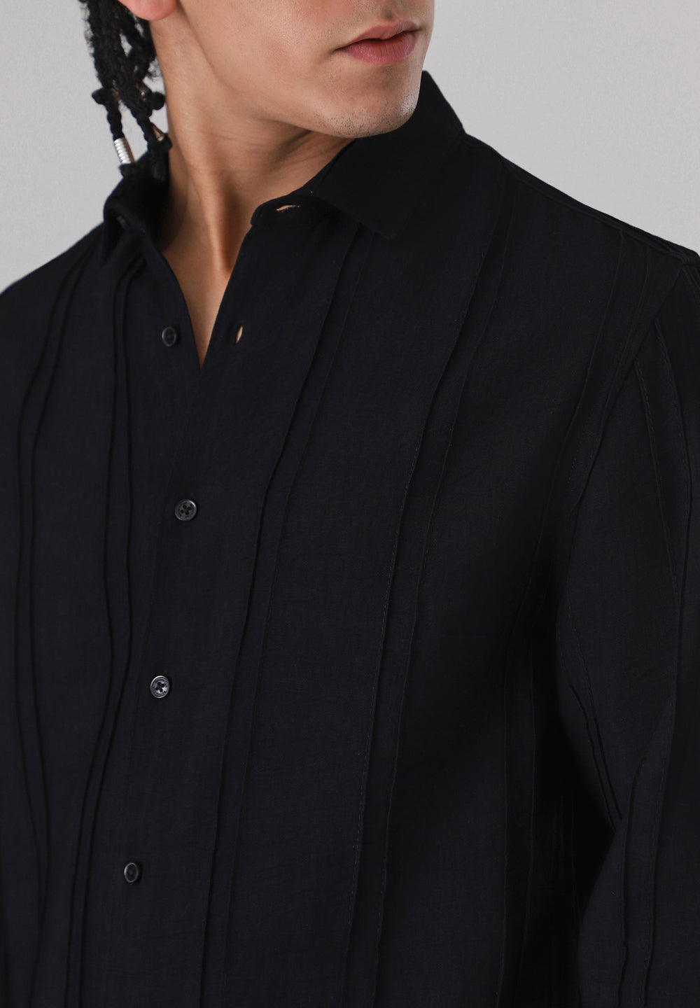 Pintucked Black Plain shirt