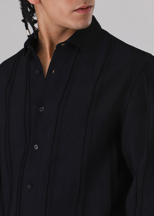 Pintucked Black Plain shirt