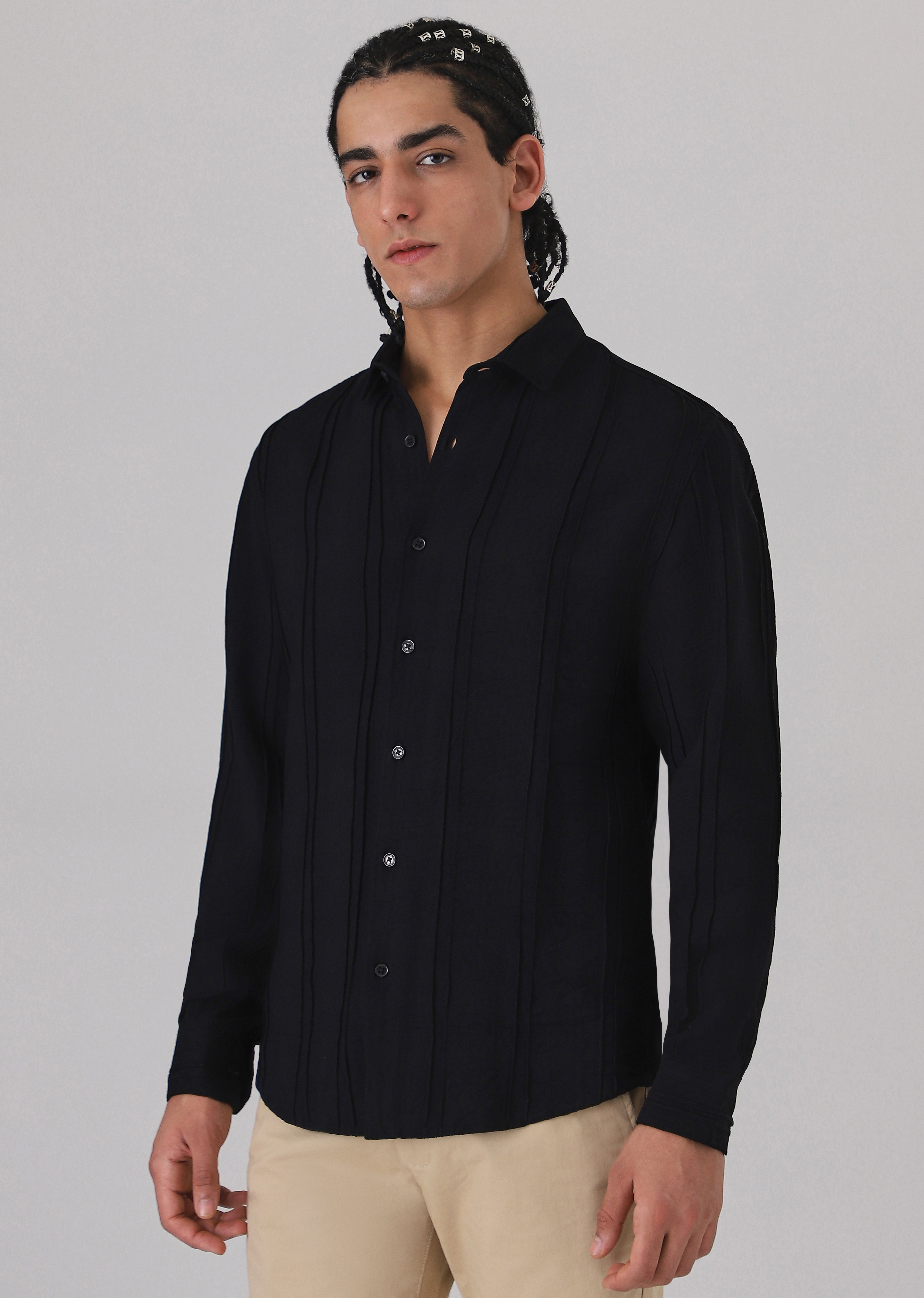 Pintucked Black Plain shirt