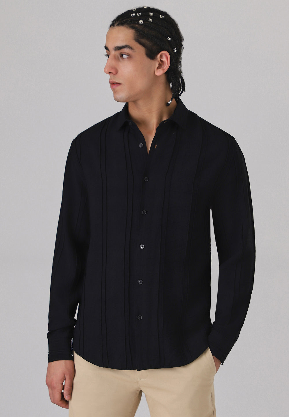 Pintucked Black Plain shirt