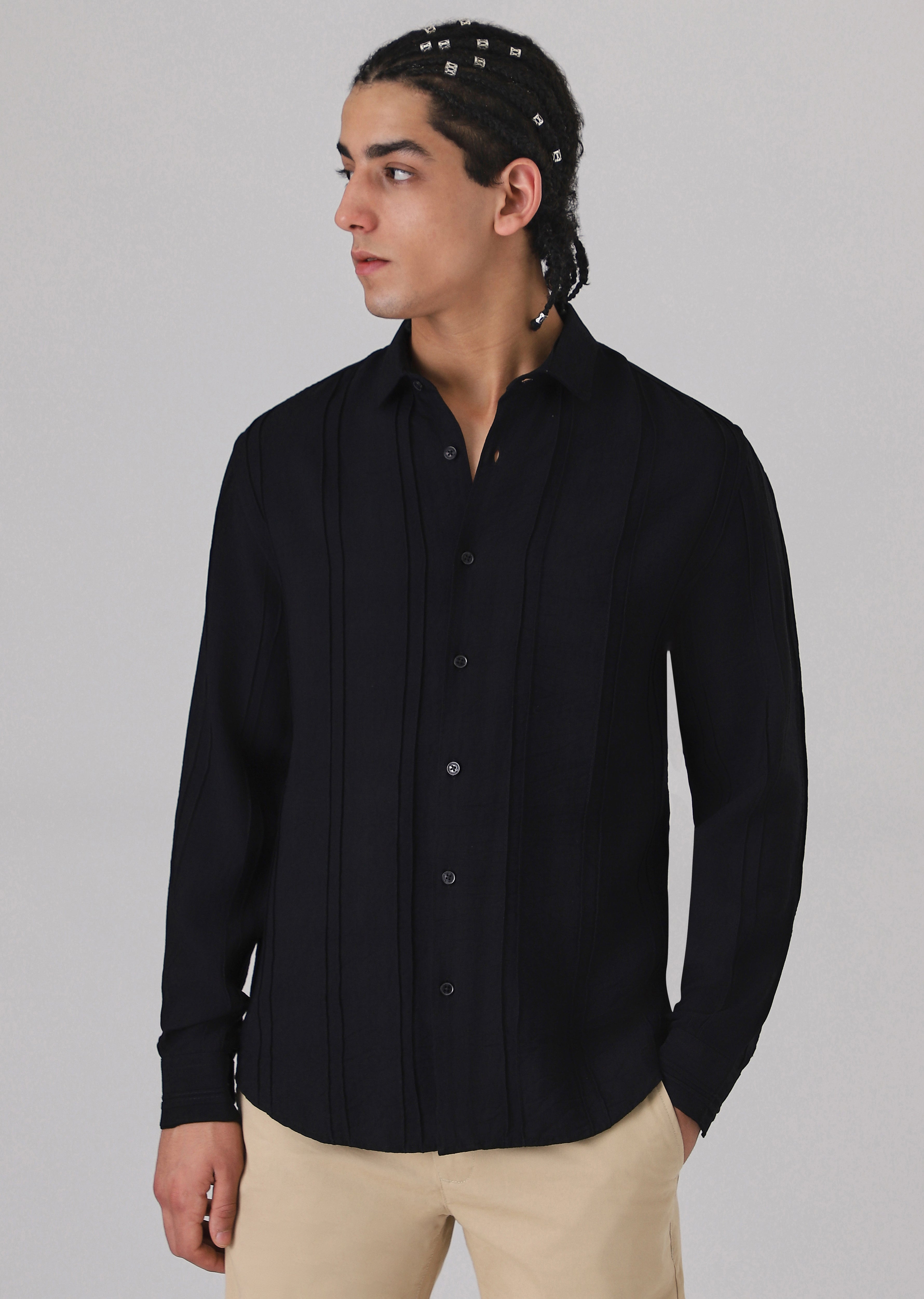 Pintucked Black Plain shirt