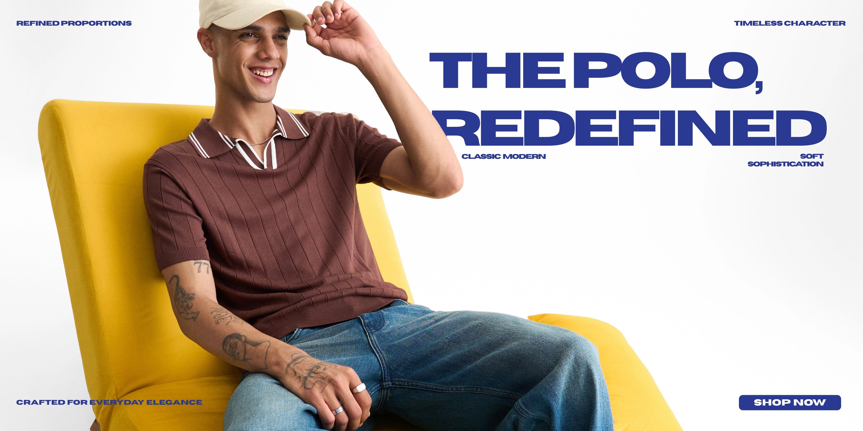 A man wearing a brown polo shirt, blue jeans, and a beige cap sits on a bright yellow chair against a white background, with large blue text reading 'THE POLO, REDEFINED' and smaller marketing copy around the image.