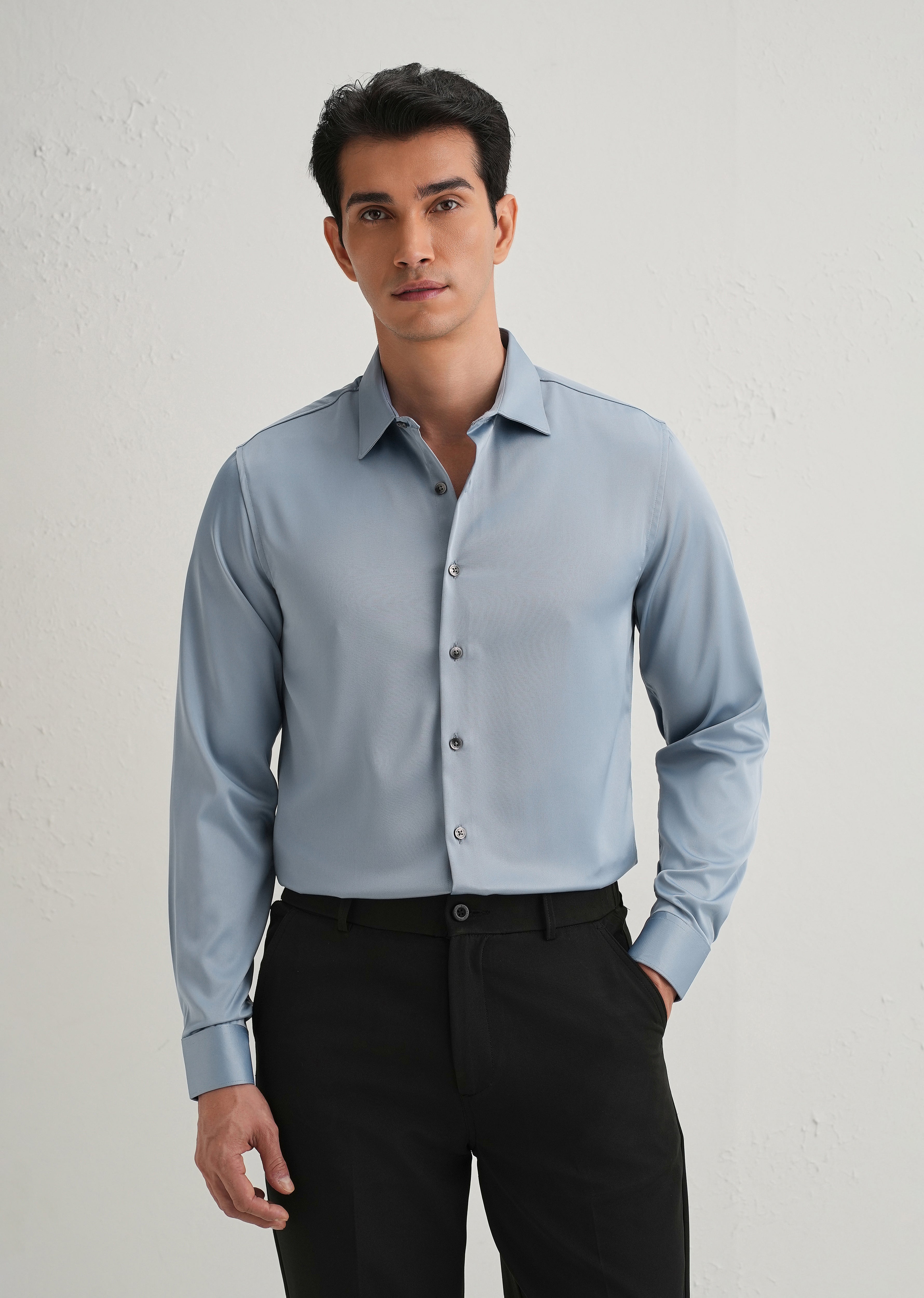 Powder Blue Satin-Finish Plain Shirt