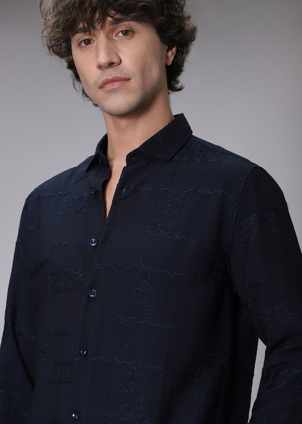 Prussian Blue Curvy Embroidery Shirt