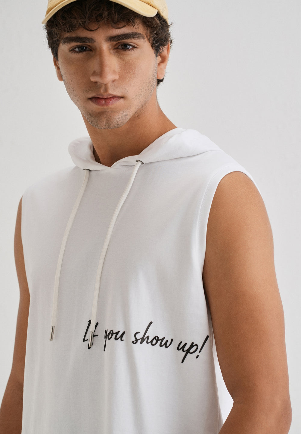 Pure White Typography Printed Hoodie Tank