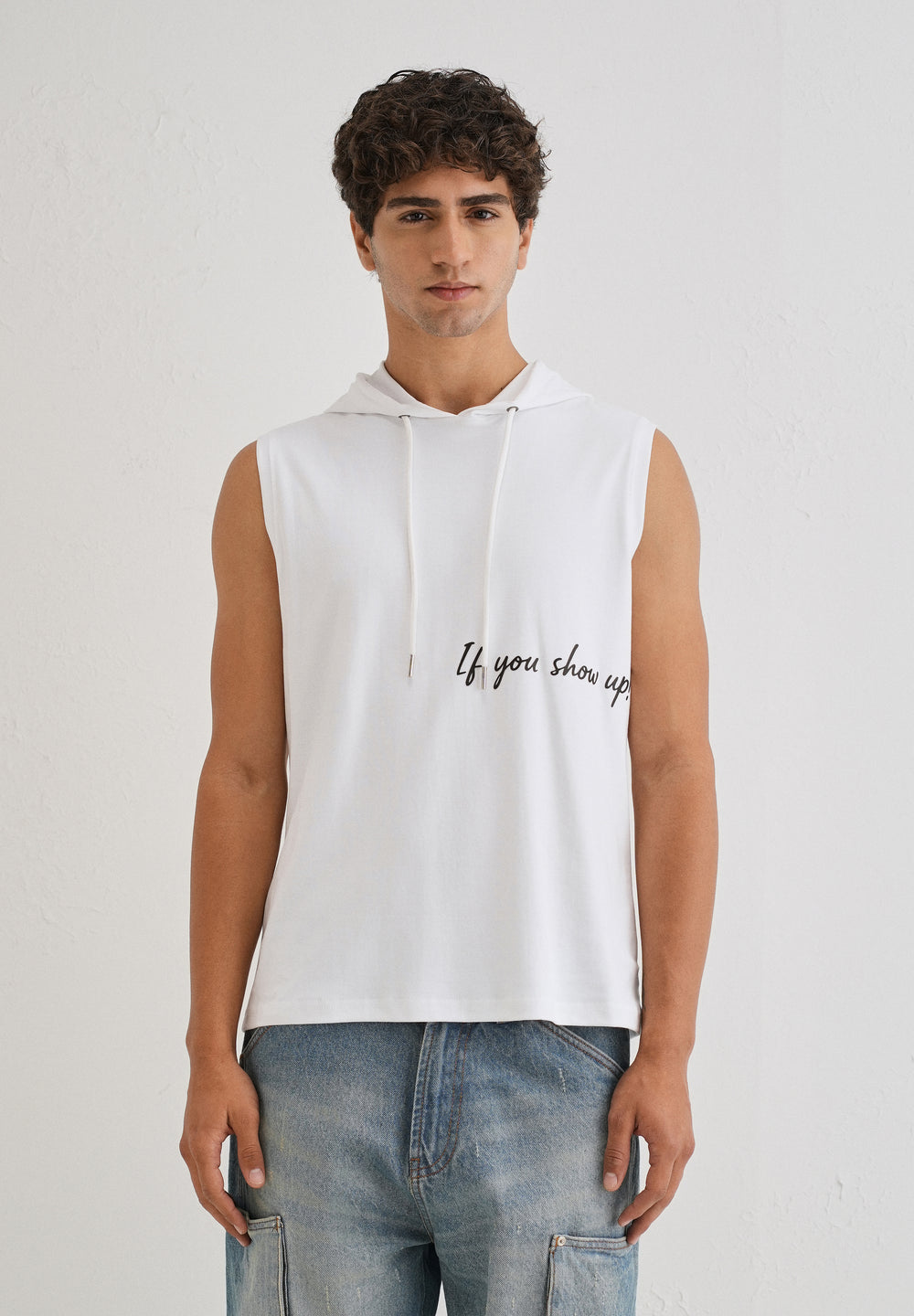 Pure White Typography Printed Hoodie Tank