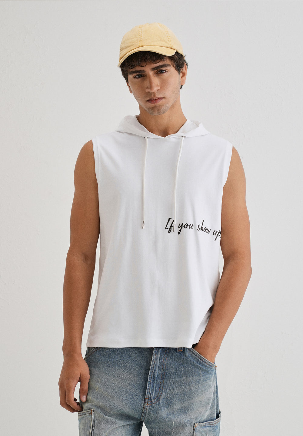 Pure White Typography Printed Hoodie Tank