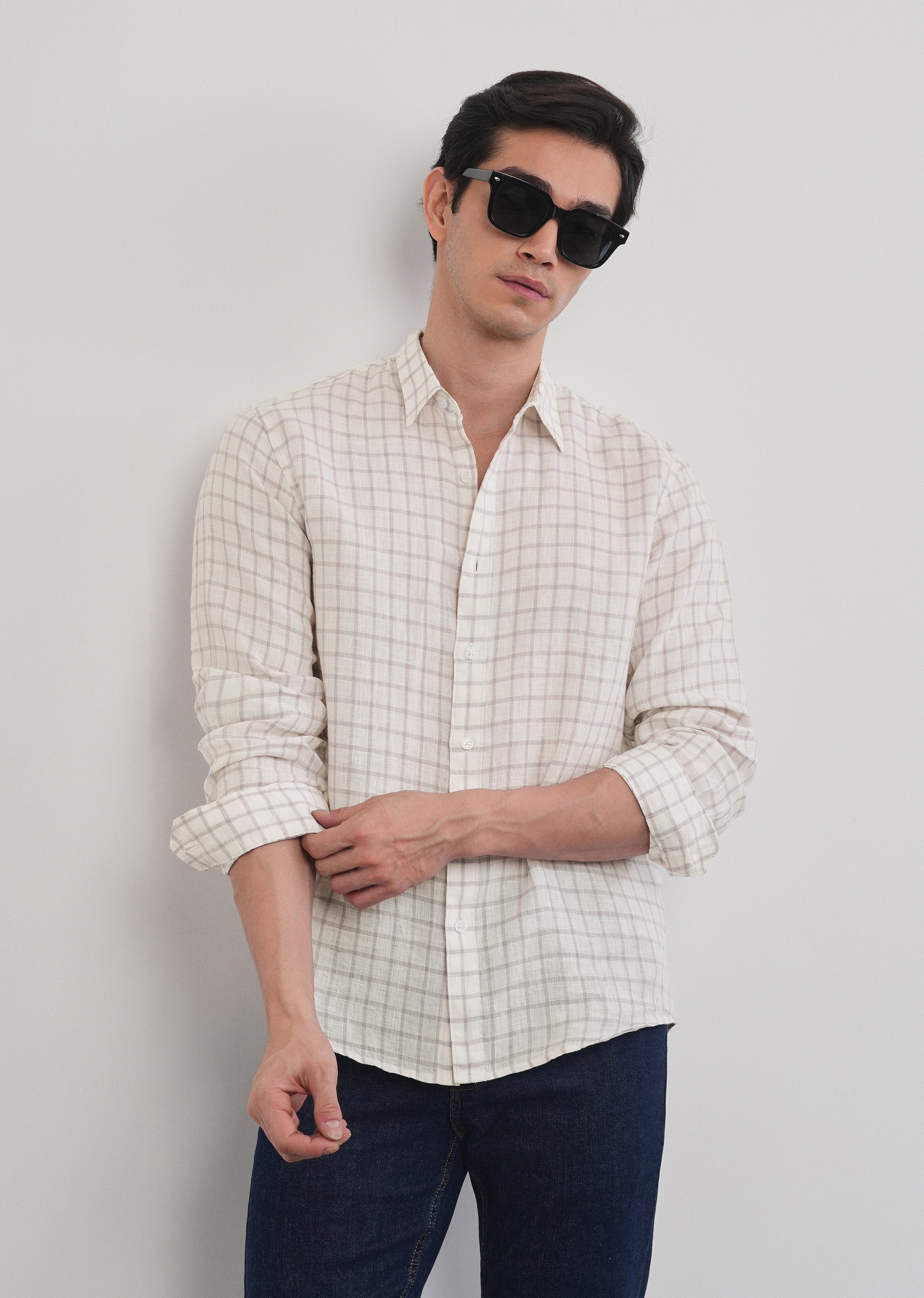 Purple 100% Pure Linen Classic Check Shirt