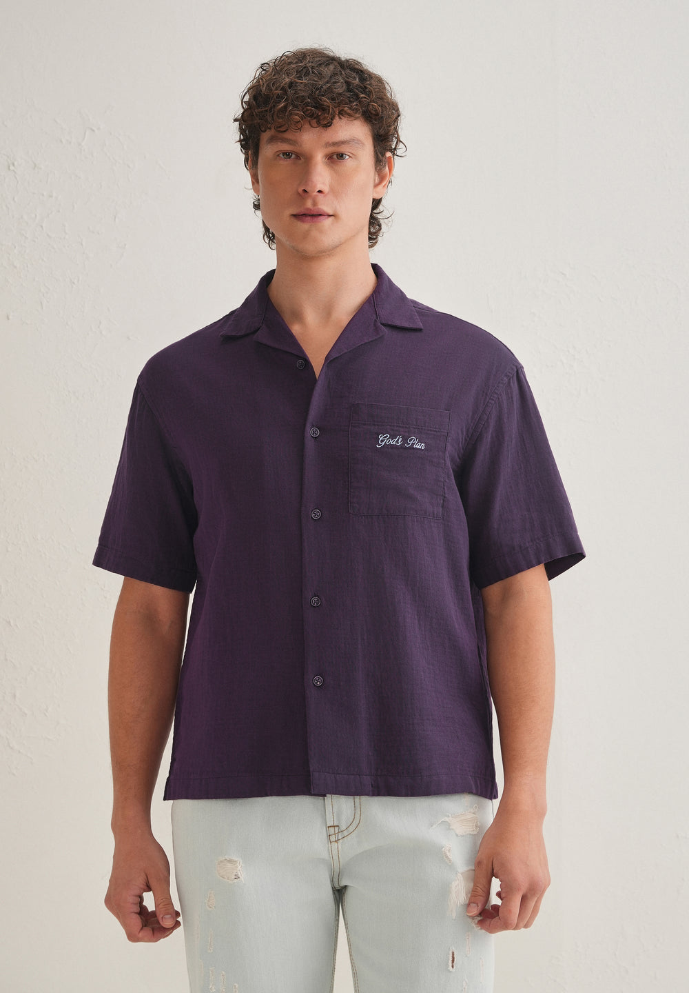 Purple Embroidered Double Cloth Cotton Shirt