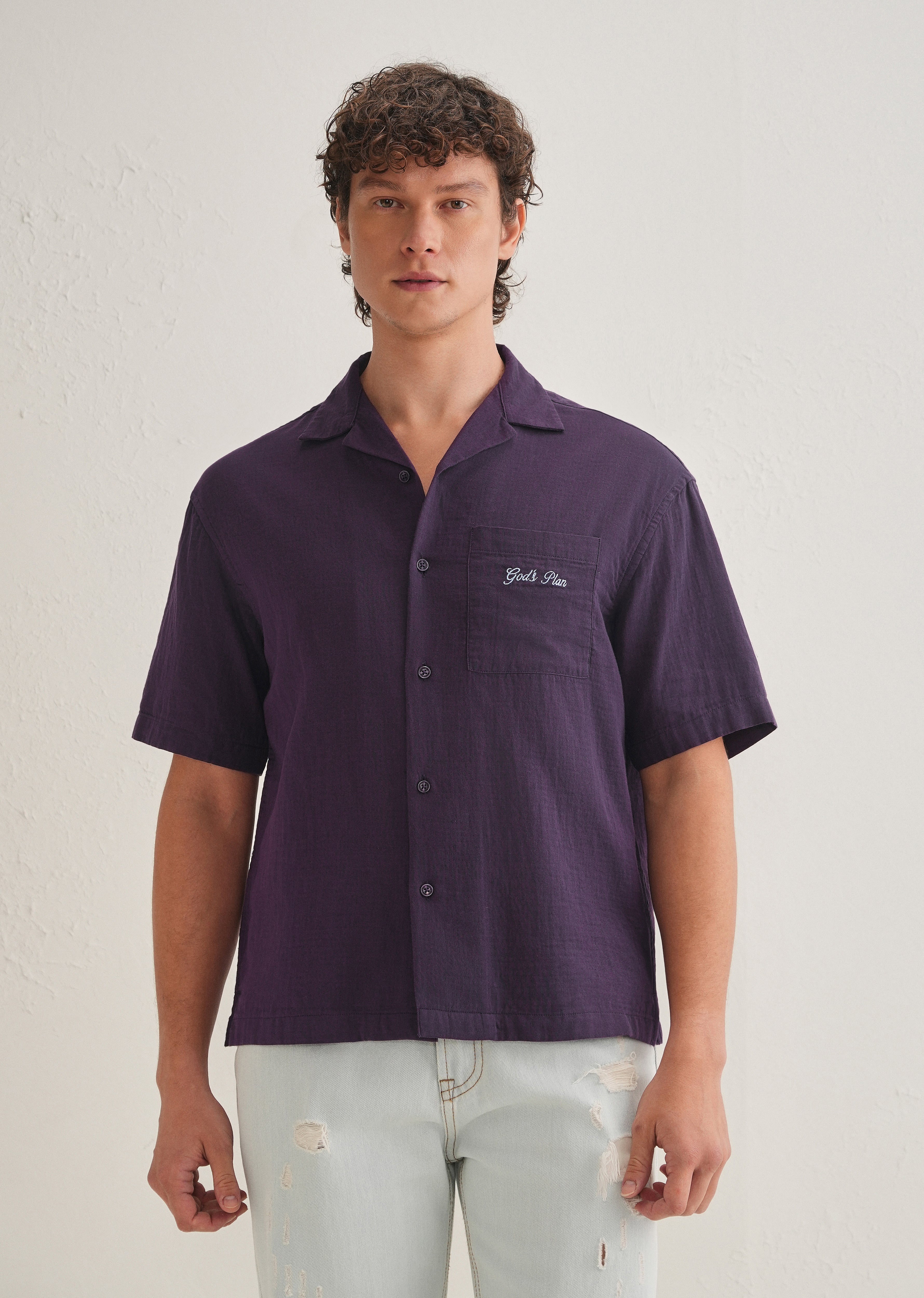 Purple Embroidered Double Cloth Cotton Shirt