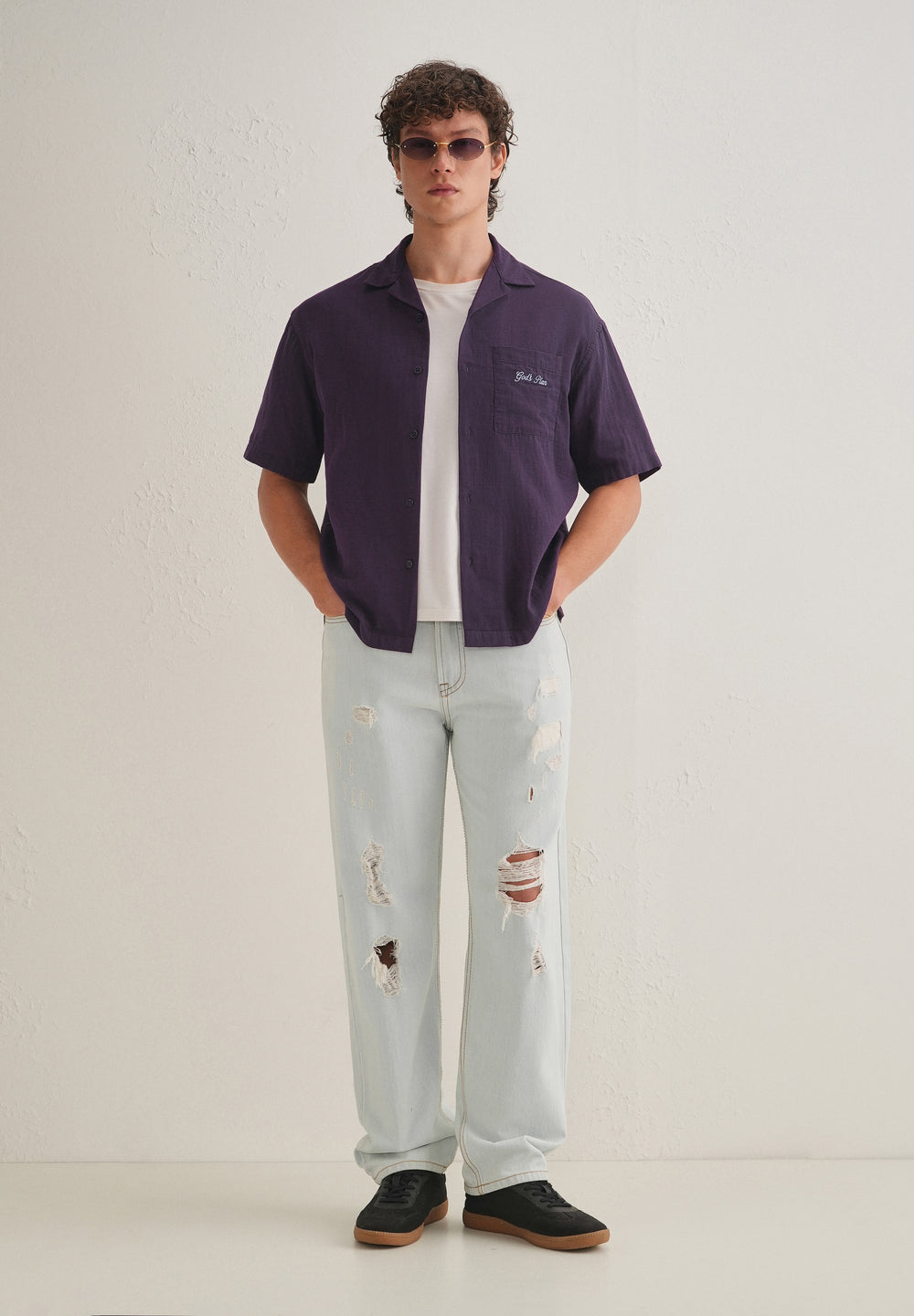 Purple Embroidered Double Cloth Cotton Shirt