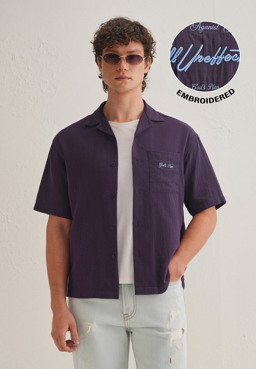 Purple Embroidered Double Cloth Cotton Shirt
