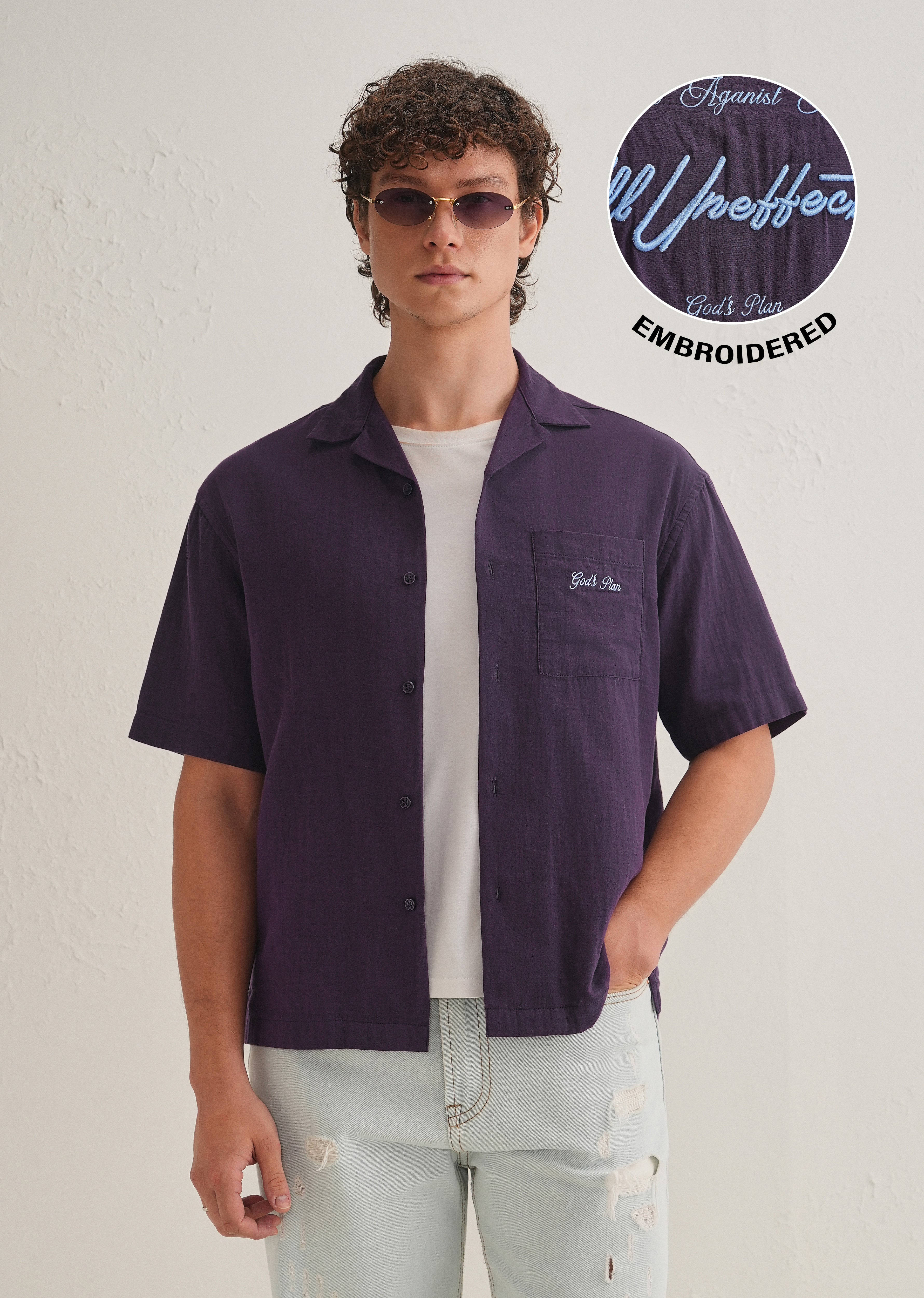 Purple Embroidered Double Cloth Cotton Shirt