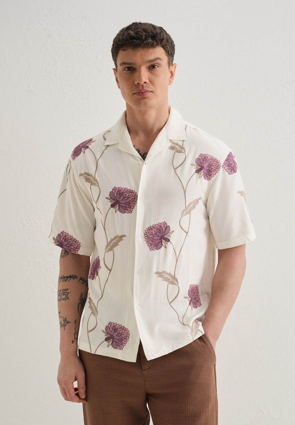 Purple Floral Front Embroidery Shirt