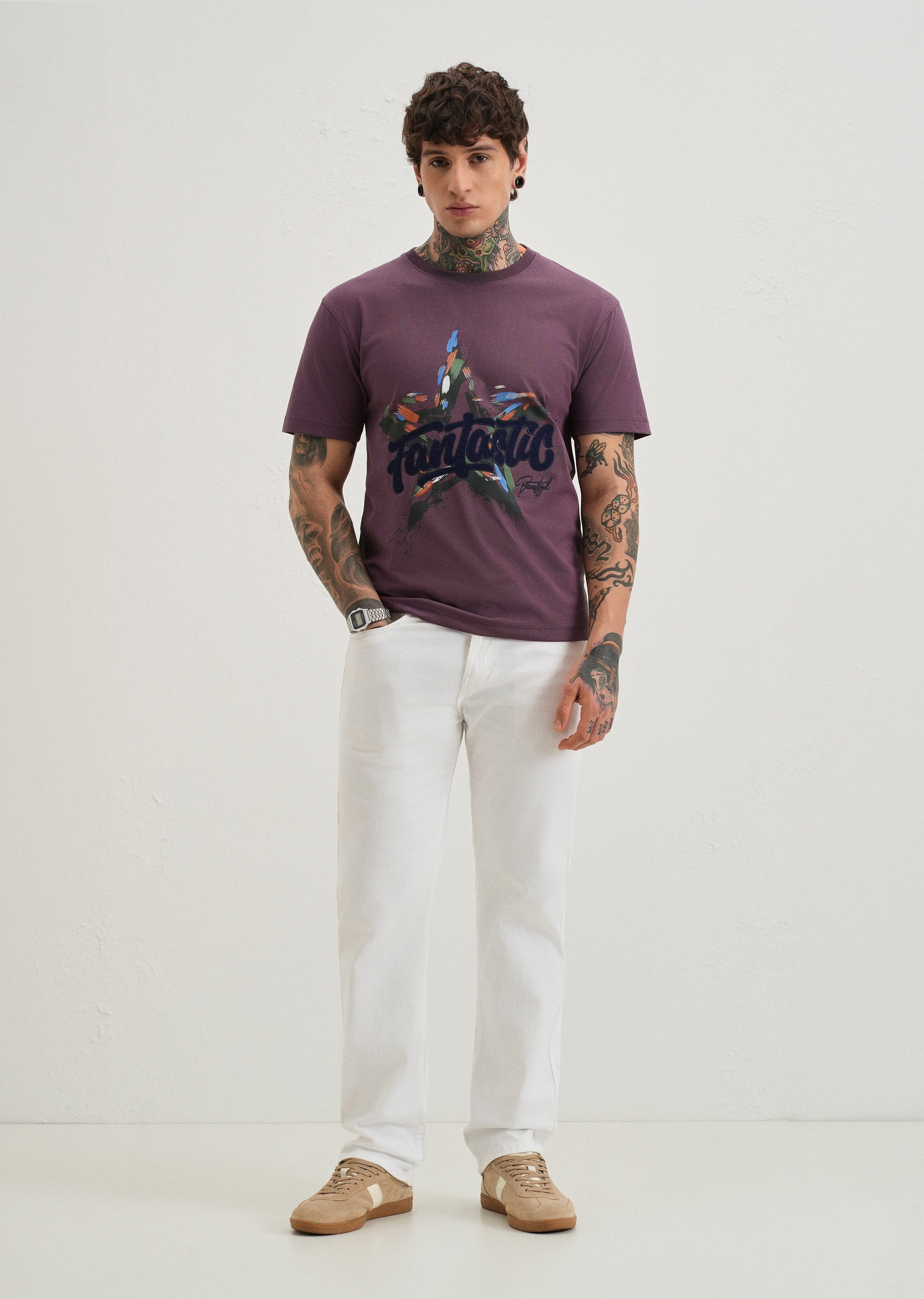 Violet Graphic Print Embroidery T-shirt