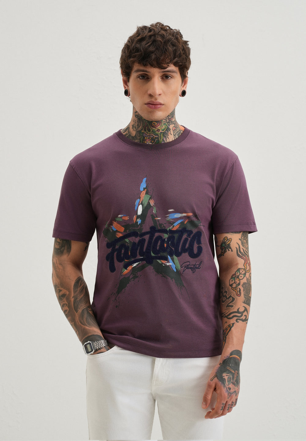 Violet Graphic Print Embroidery T-shirt