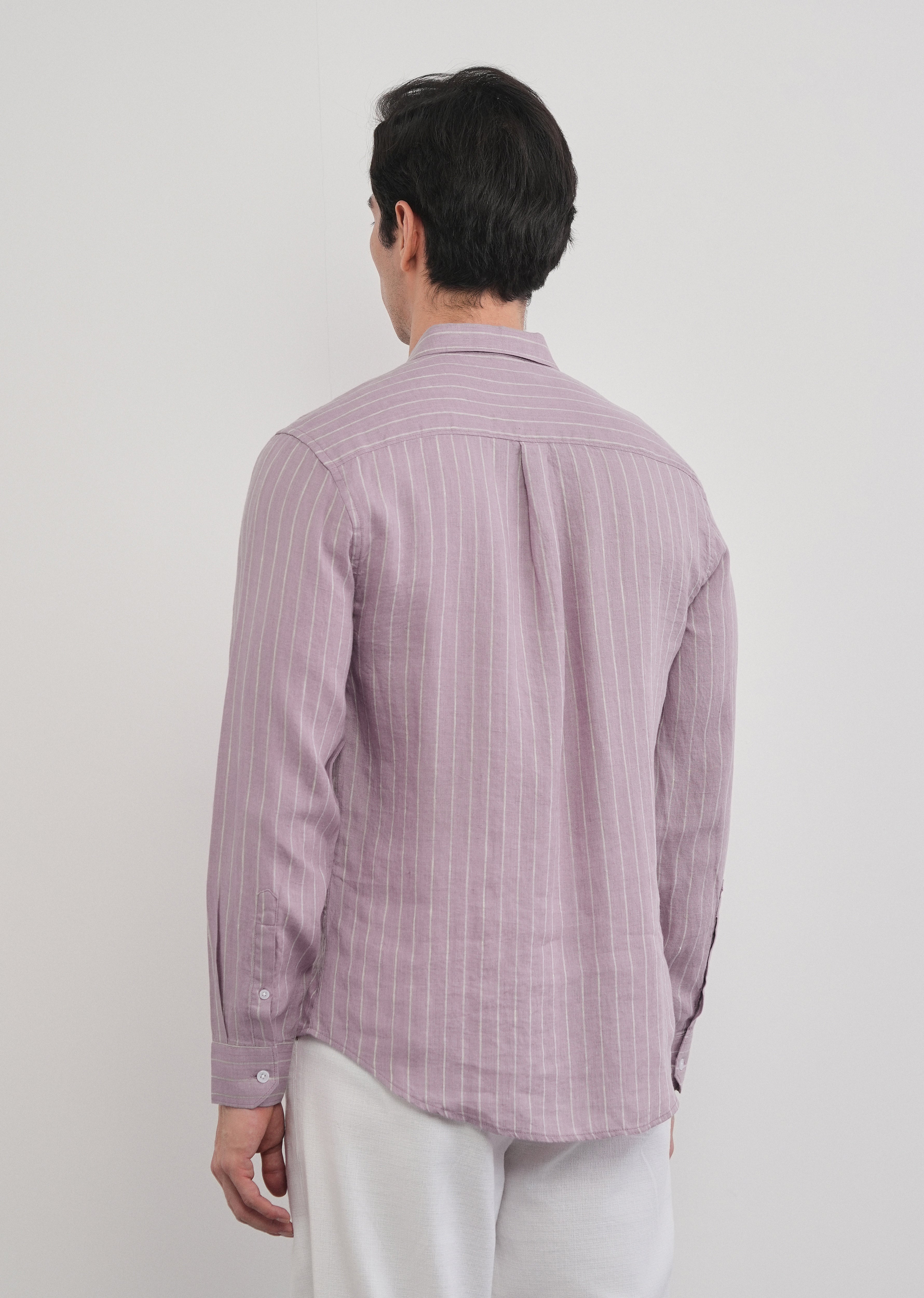 100% Linen Purple Vertical Stripe Shirt