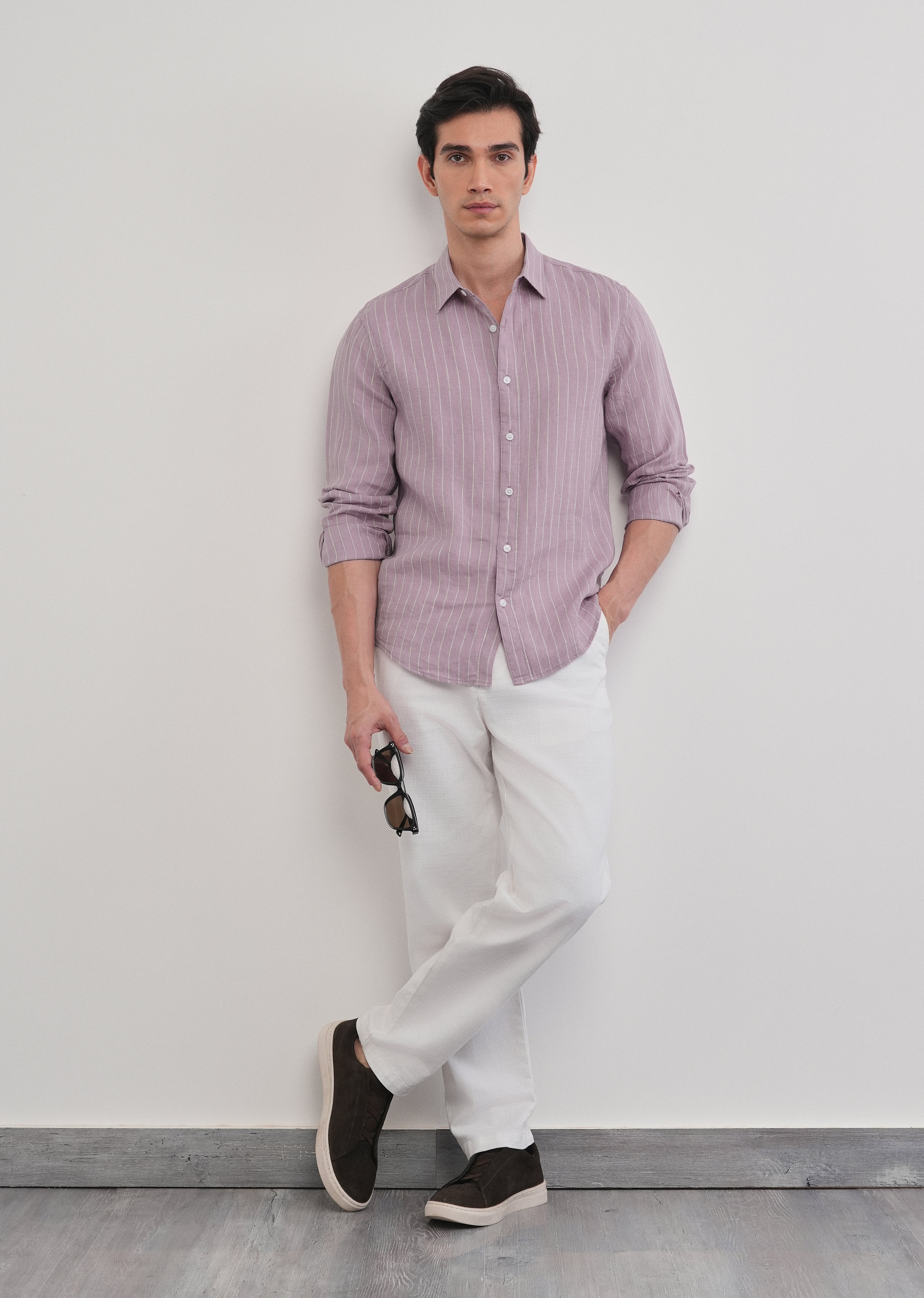 100% Linen Purple Vertical Stripe Shirt
