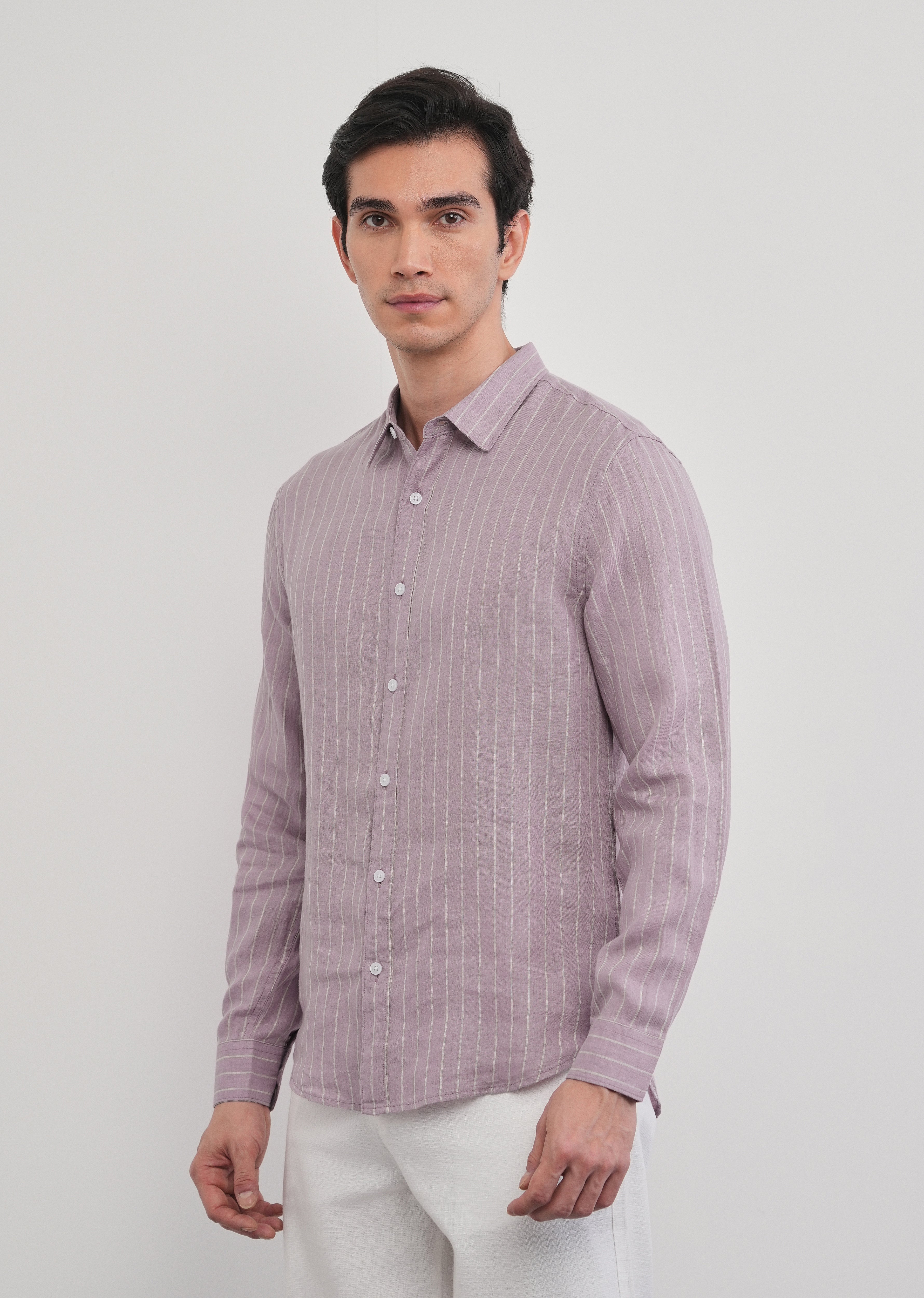 100% Linen Purple Vertical Stripe Shirt