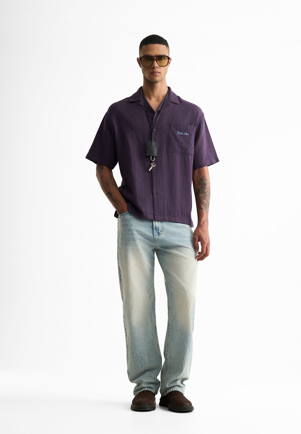 Purple Embroidered Double Cloth Cotton Shirt