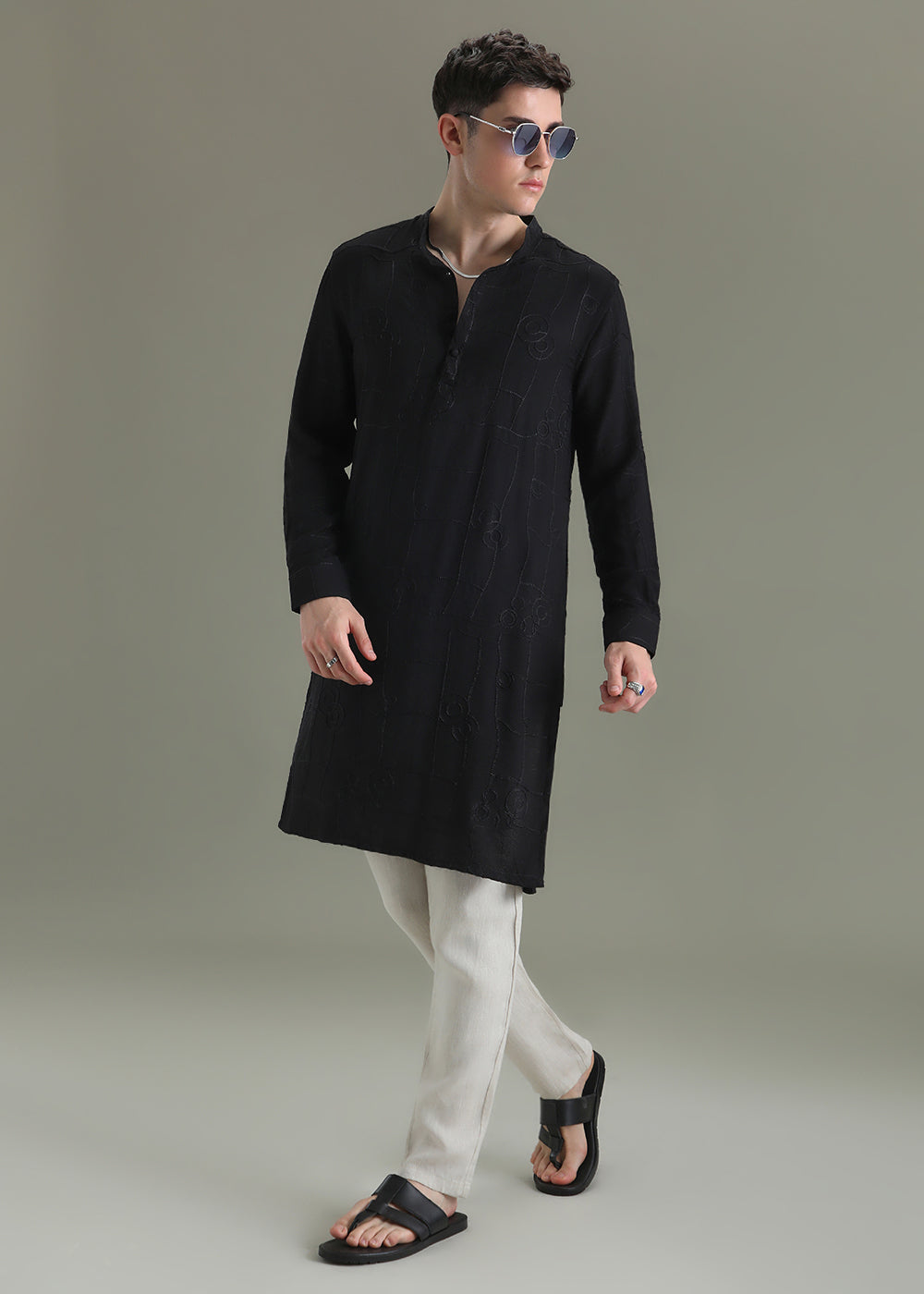 Raven Black Self Embroidered Kurta