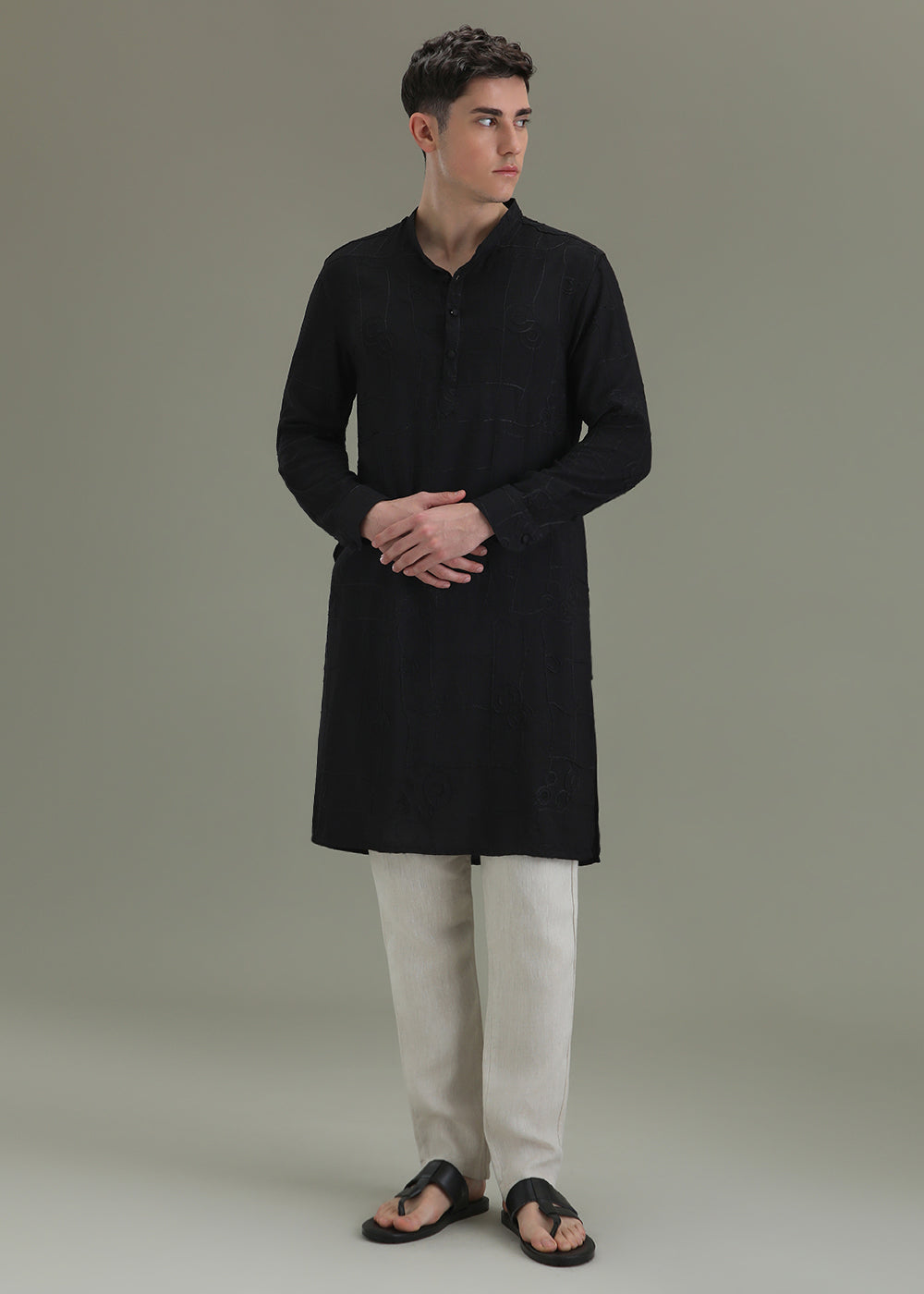 Raven Black Self Embroidered Kurta