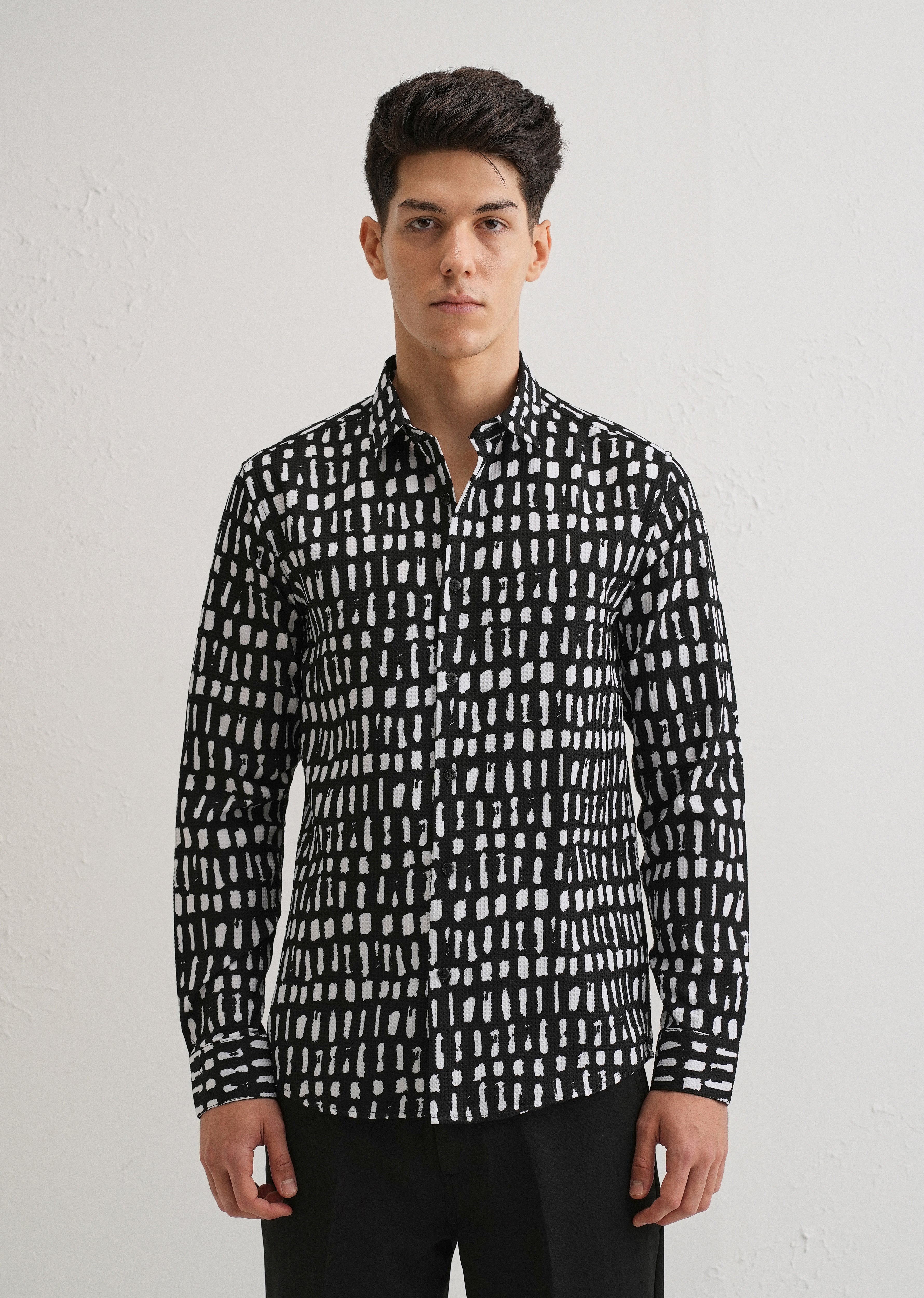 Rectangular Brushed Waffle Dobby Black Shirt