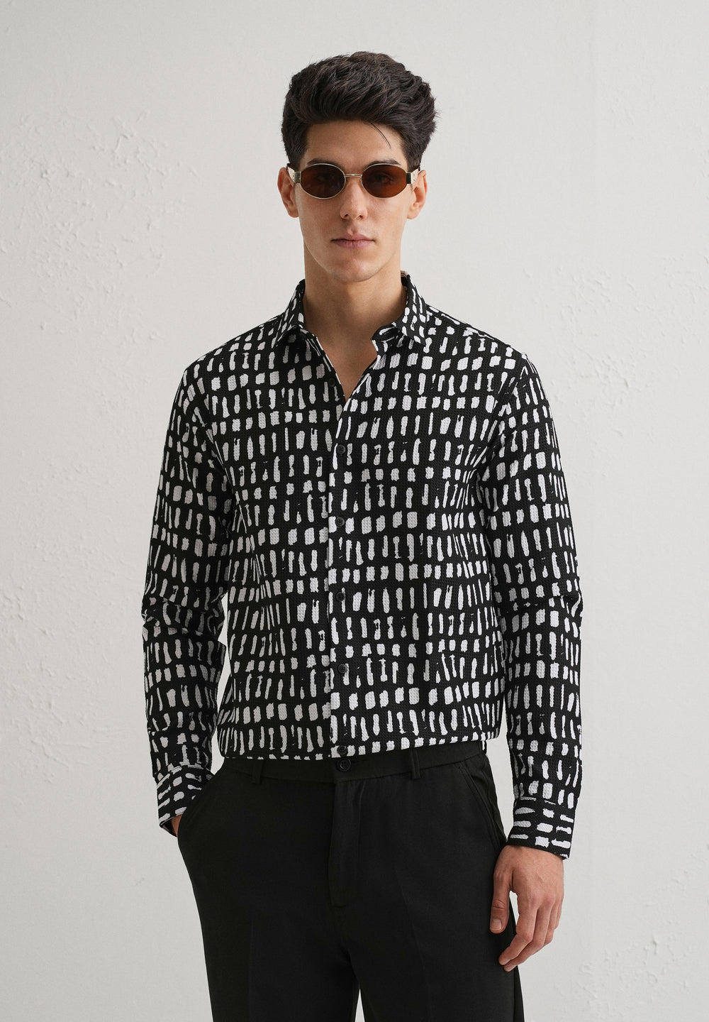 Rectangular Brushed Waffle Dobby Black Shirt