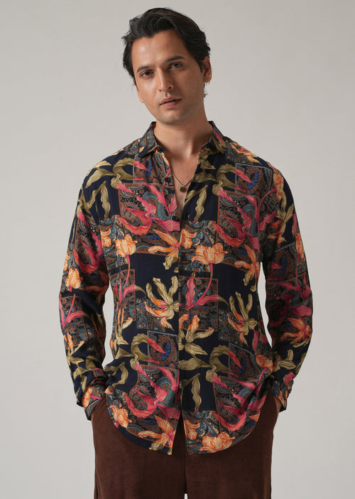 Red Exotic Lily Print Feather Shirt