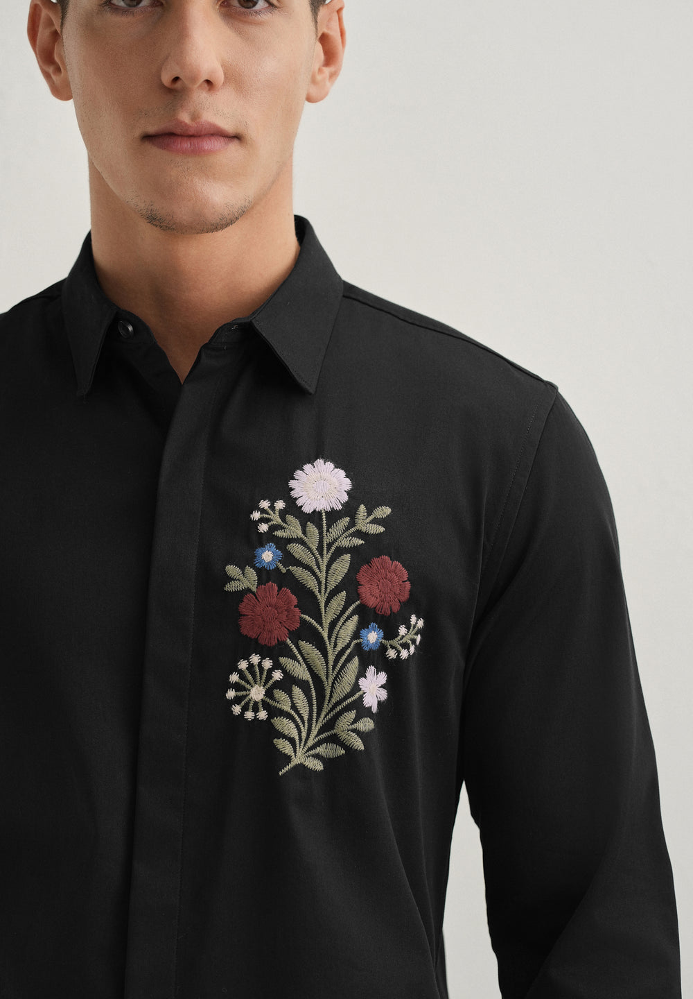 Red Floral Embroidery Black Designer Shirt