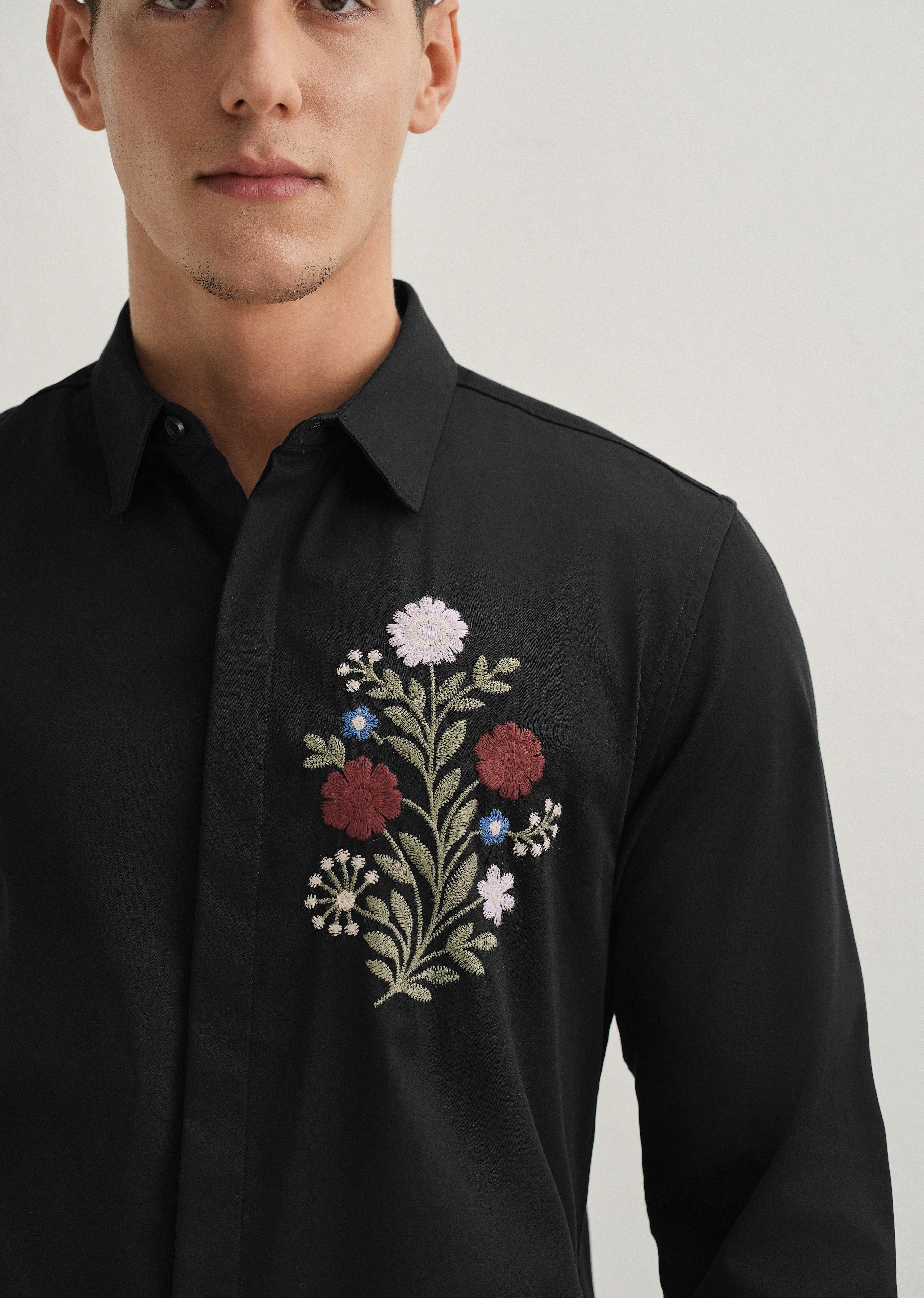 Red Floral Embroidery Black Designer Shirt