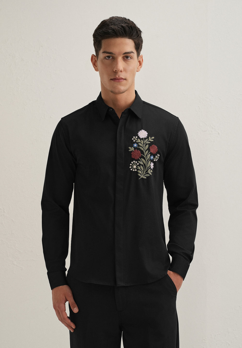 Red Floral Embroidery Black Designer Shirt
