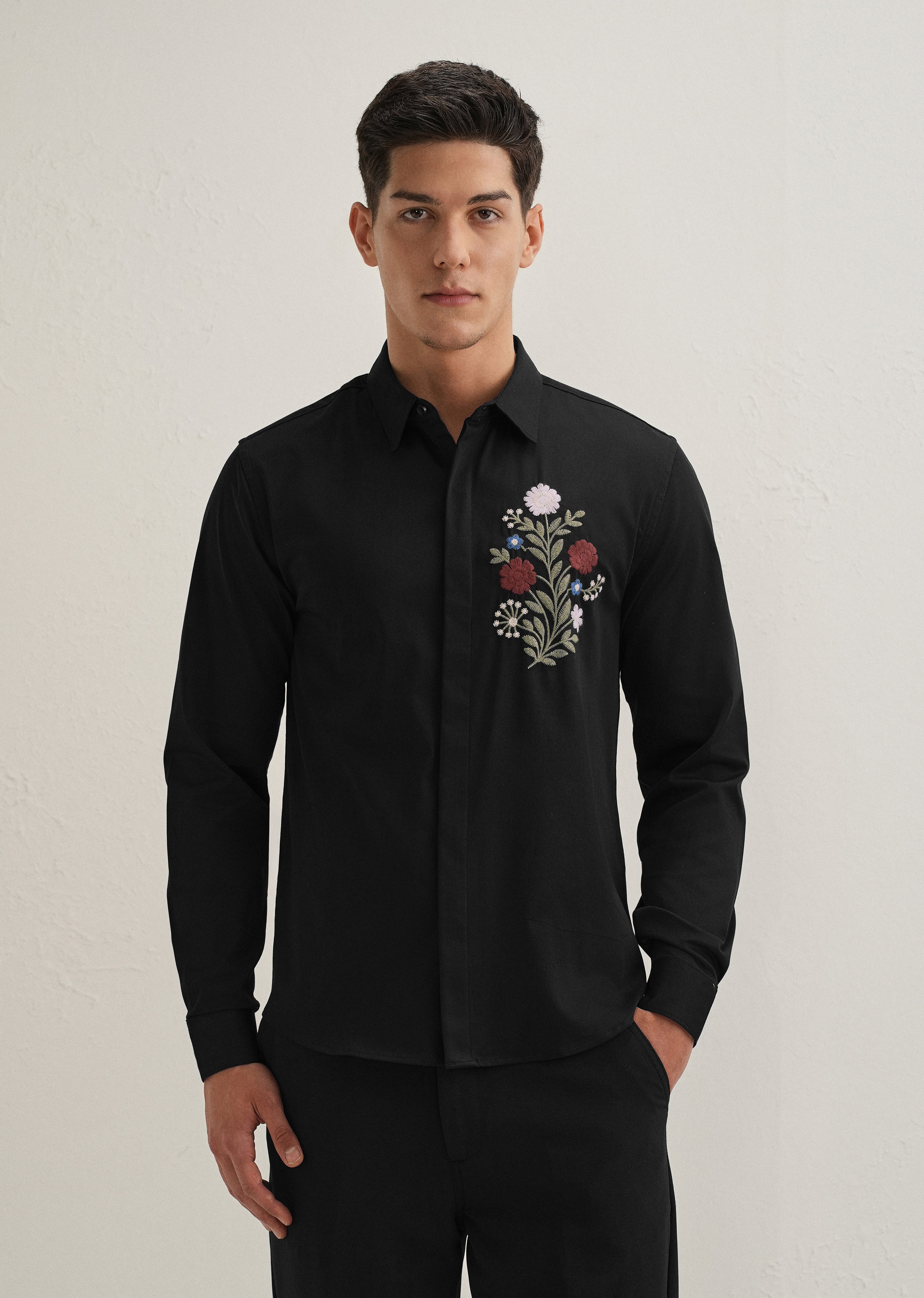 Red Floral Embroidery Black Designer Shirt
