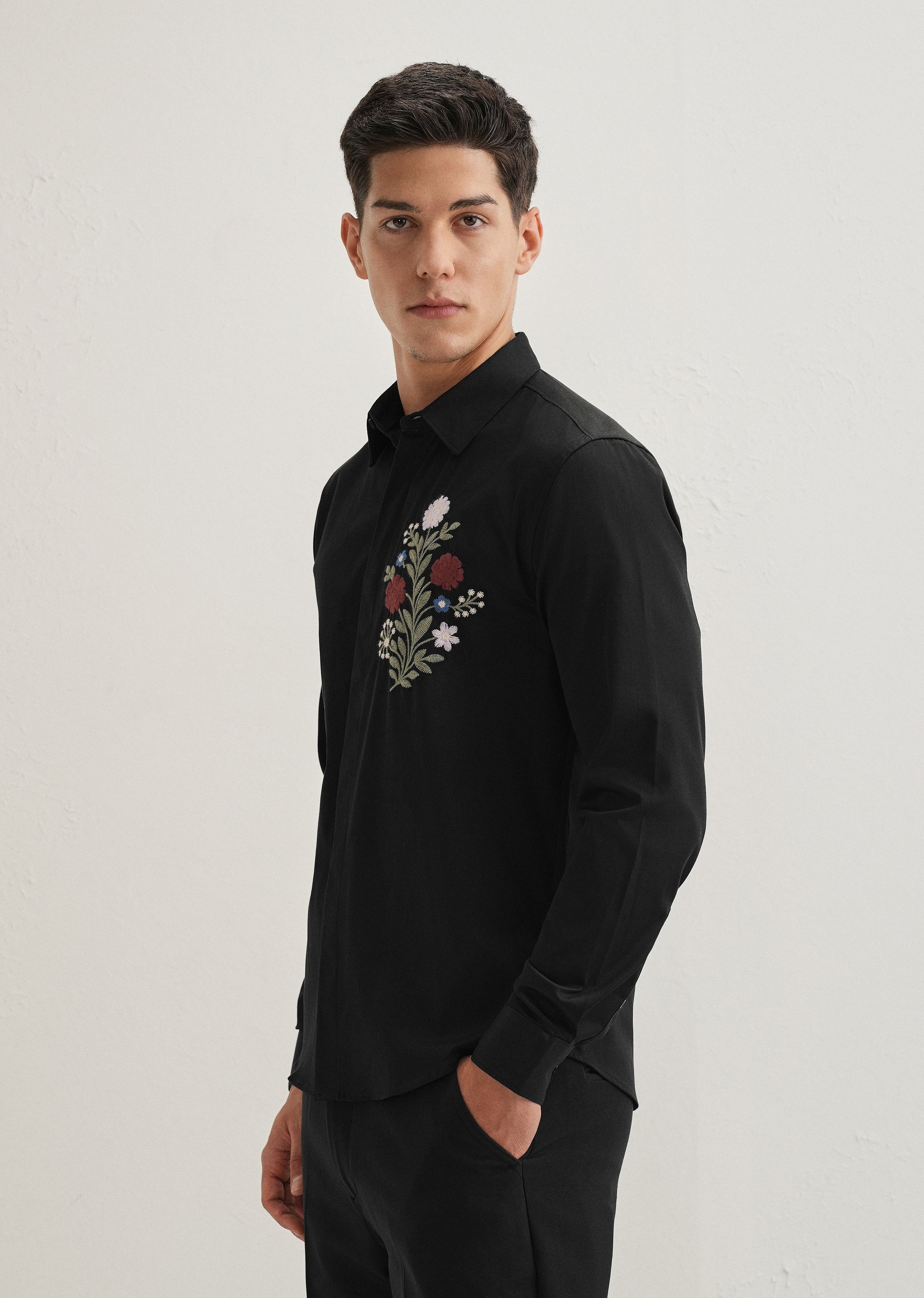 Red Floral Embroidery Black Designer Shirt