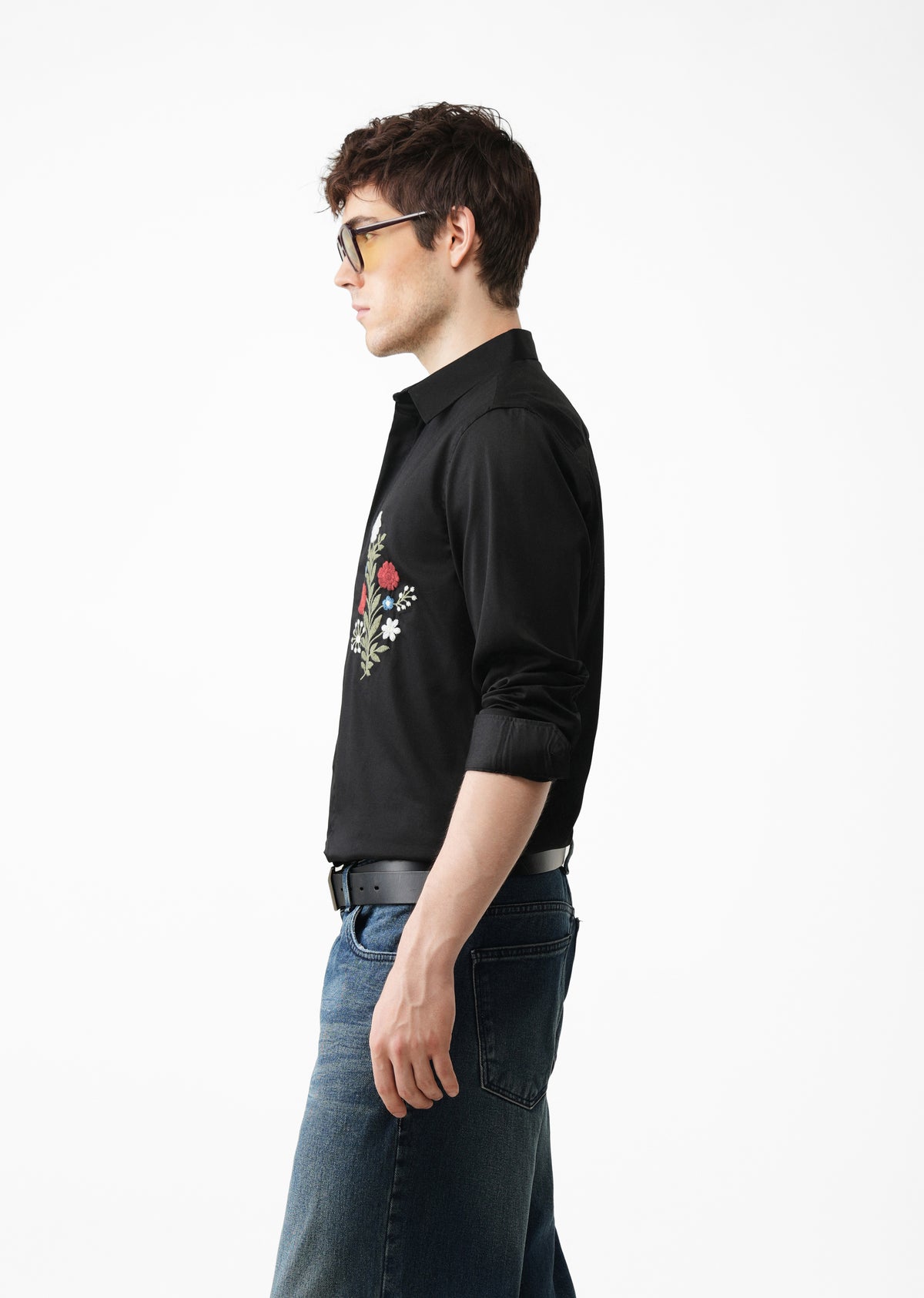 Red Floral Embroidered Black Designer Shirt