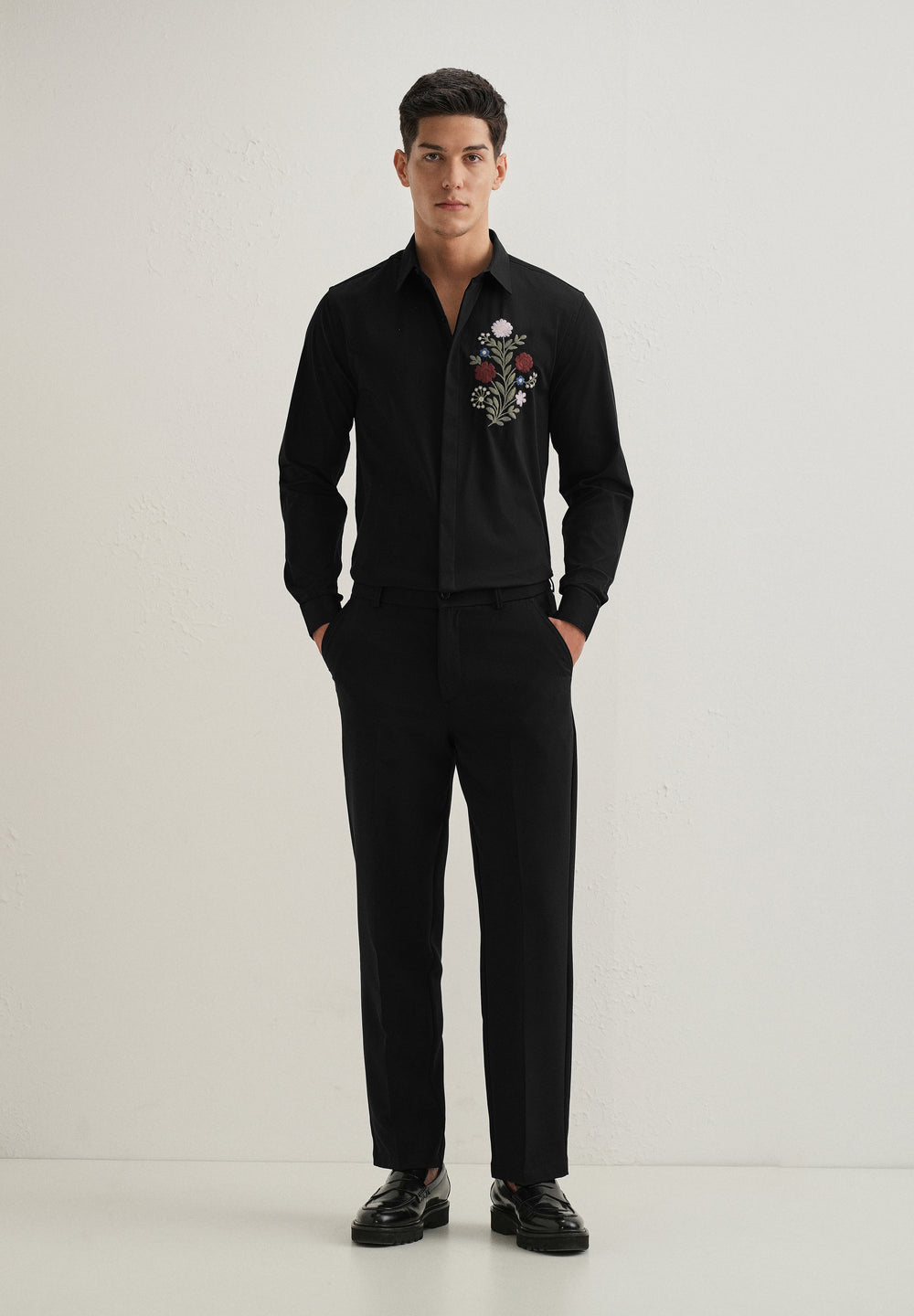 Red Floral Embroidery Black Designer Shirt