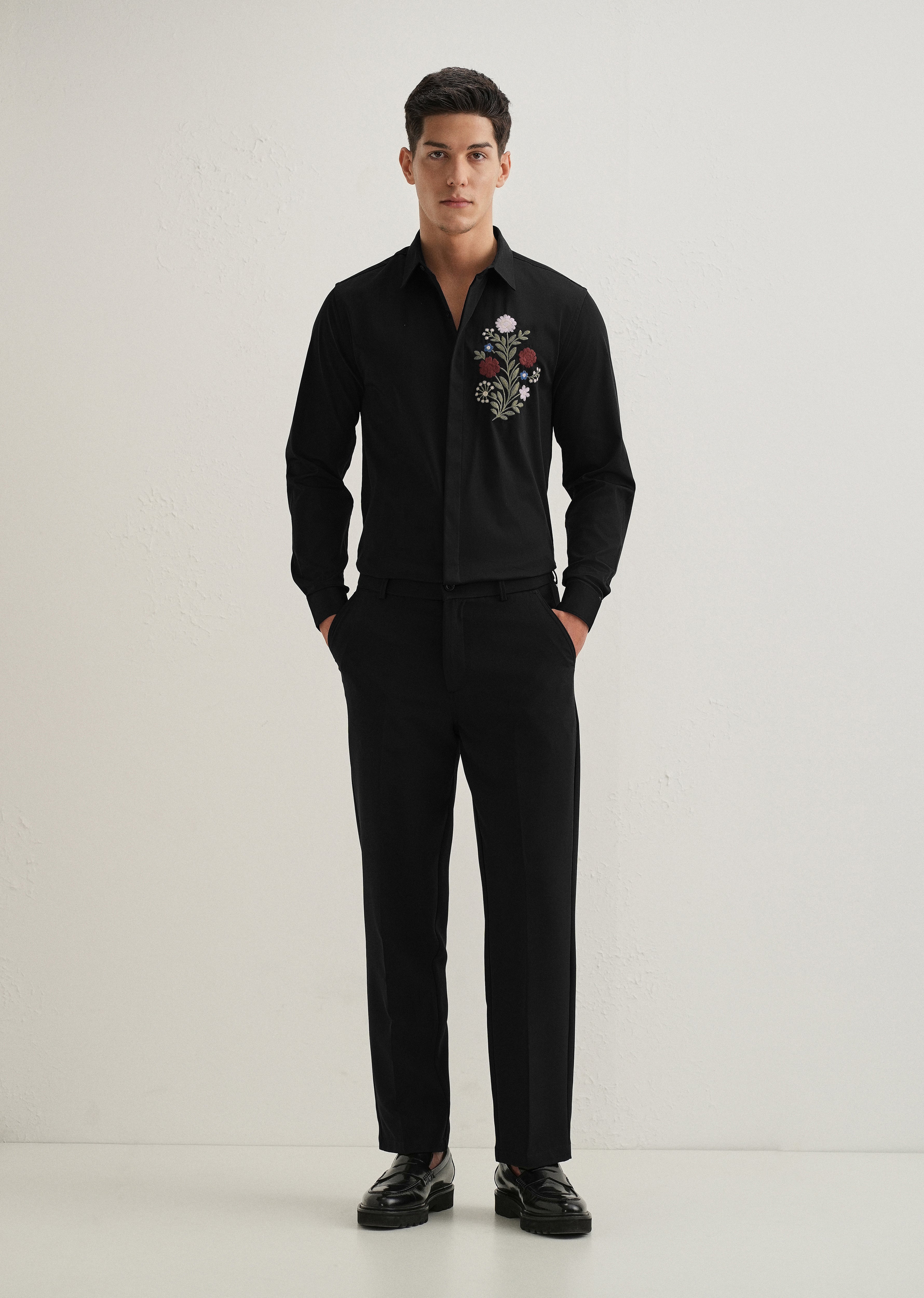 Red Floral Embroidery Black Designer Shirt
