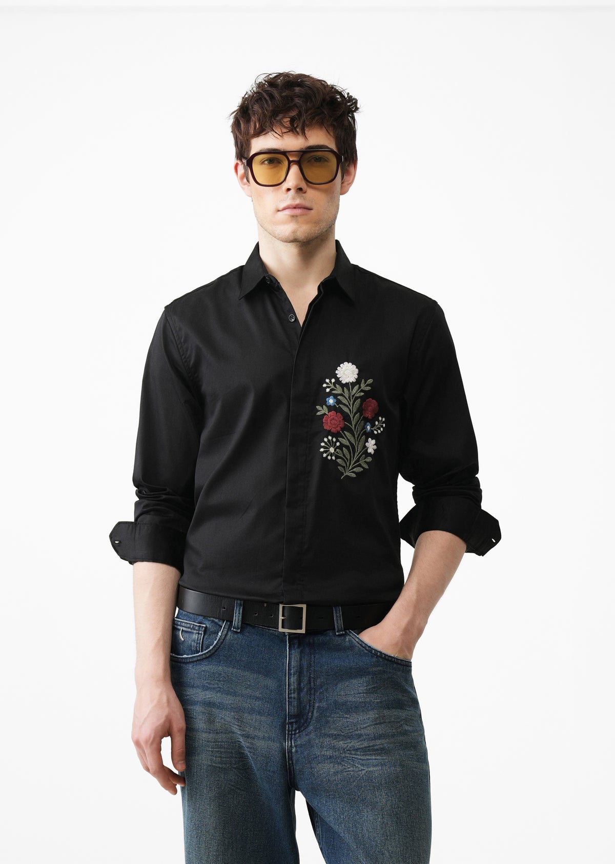 Red Floral Embroidered Black Designer Shirt