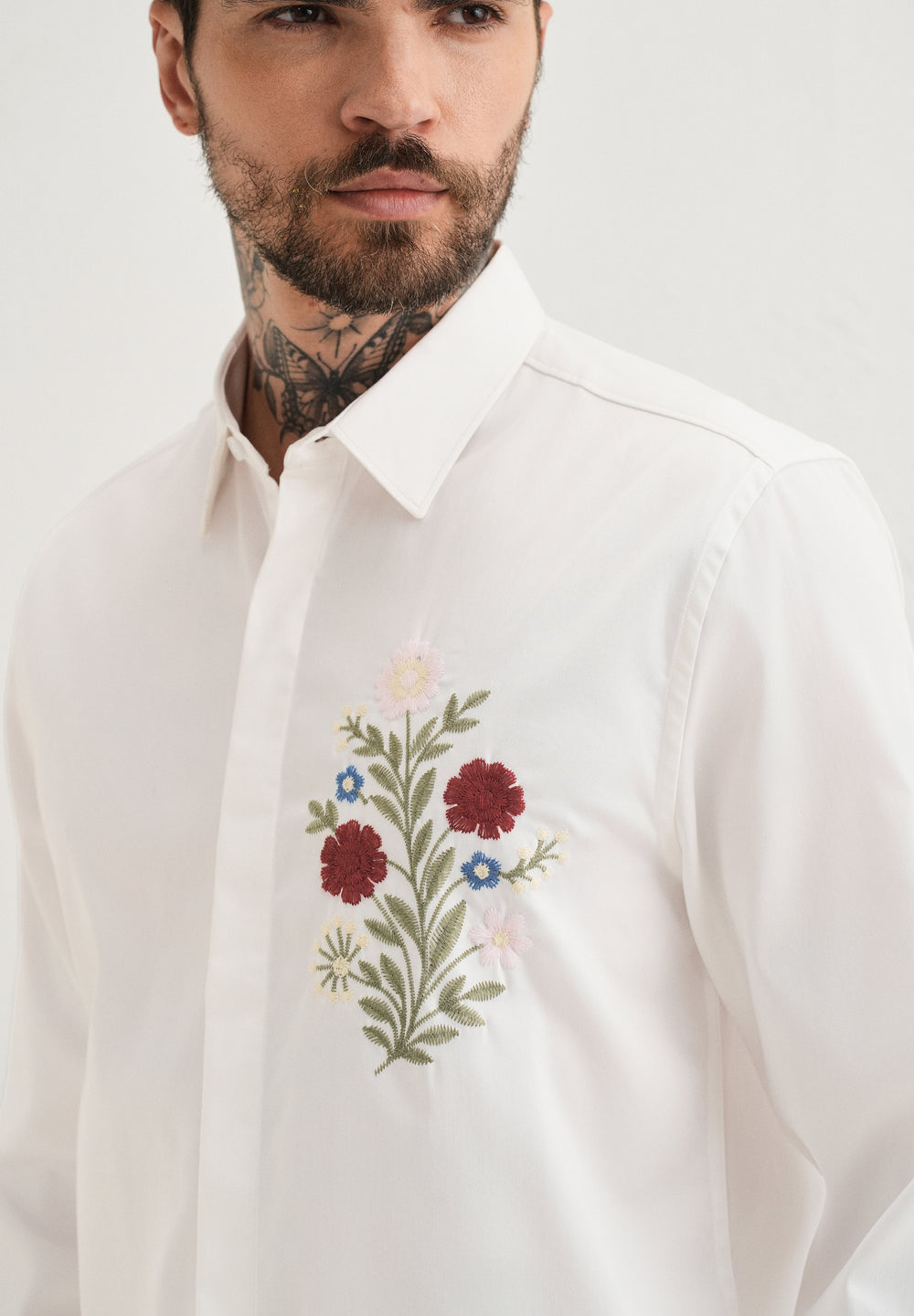 Red Floral Embroidery White Designer Shirt