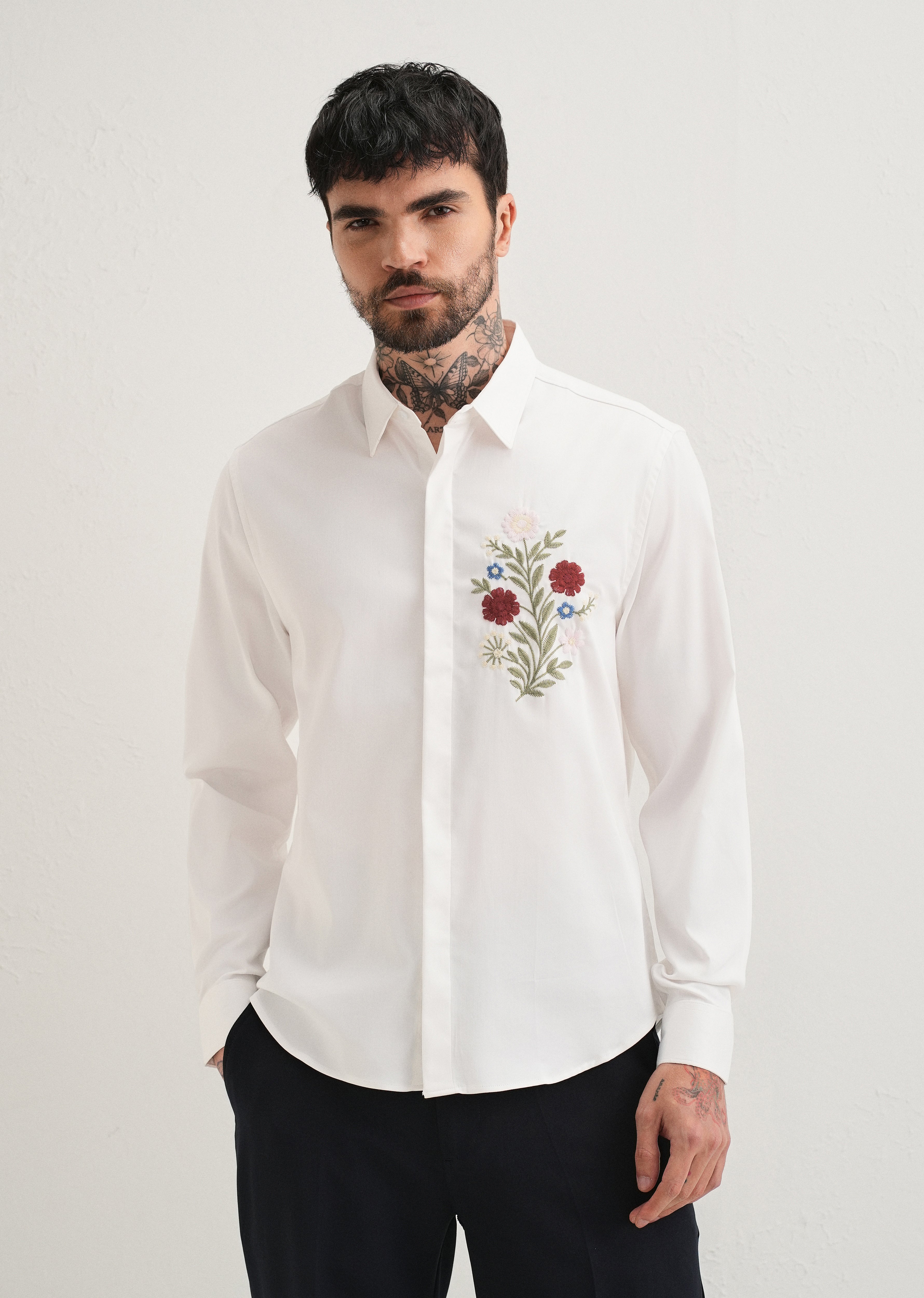 Red Floral Embroidery White Designer Shirt