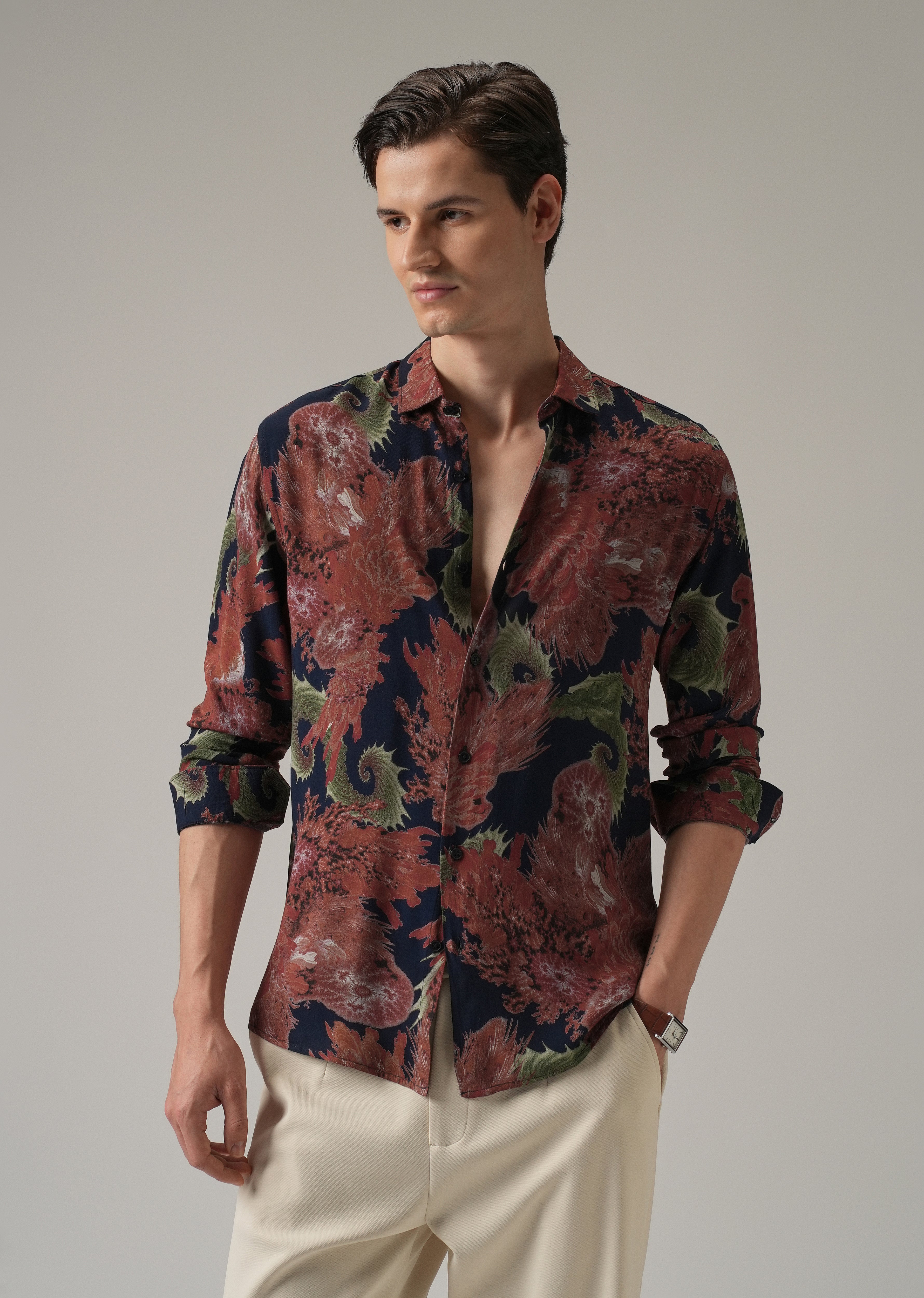 Red Prickly Flora Print Feather Shirt