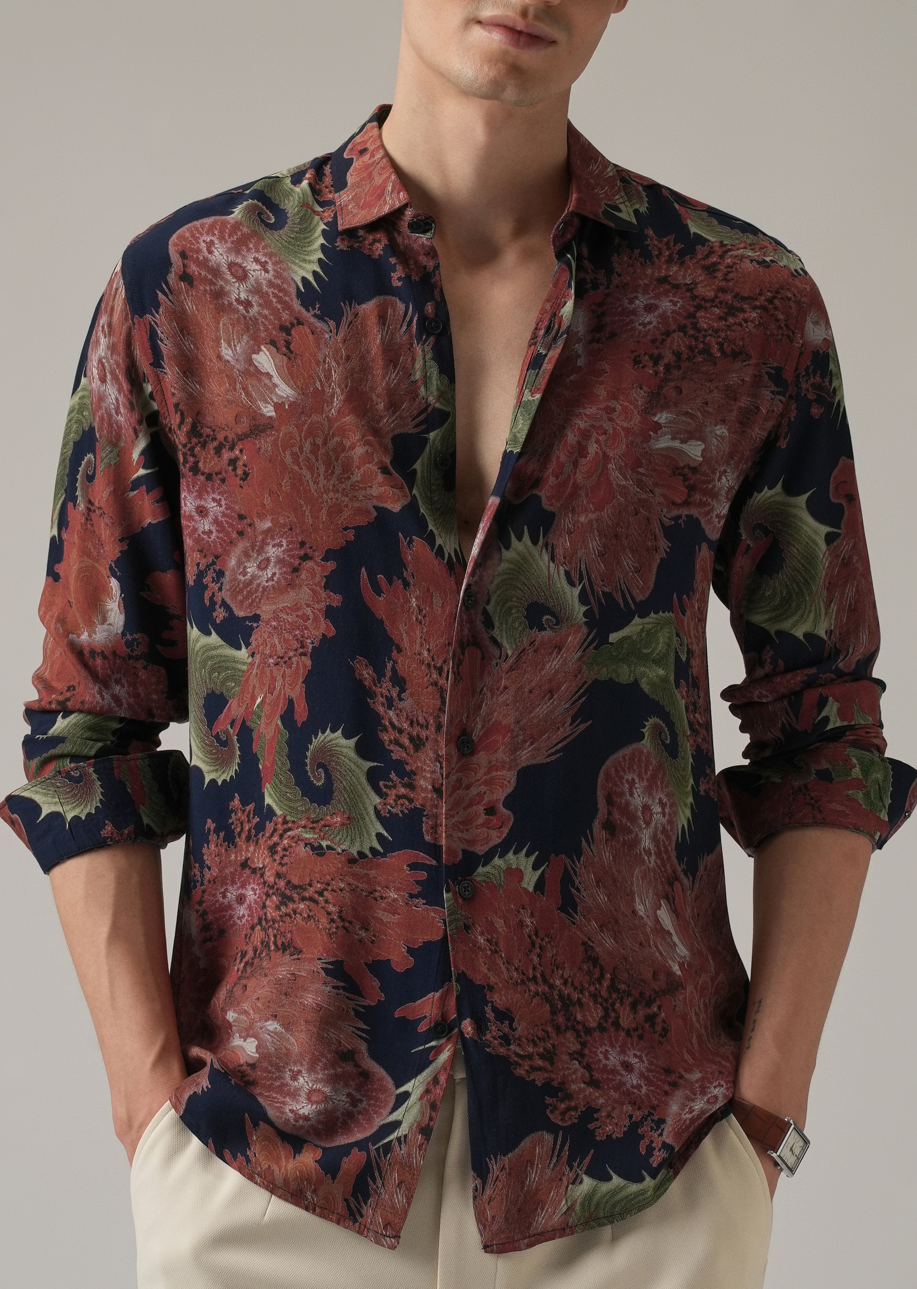 Red Prickly Flora Print Feather Shirt