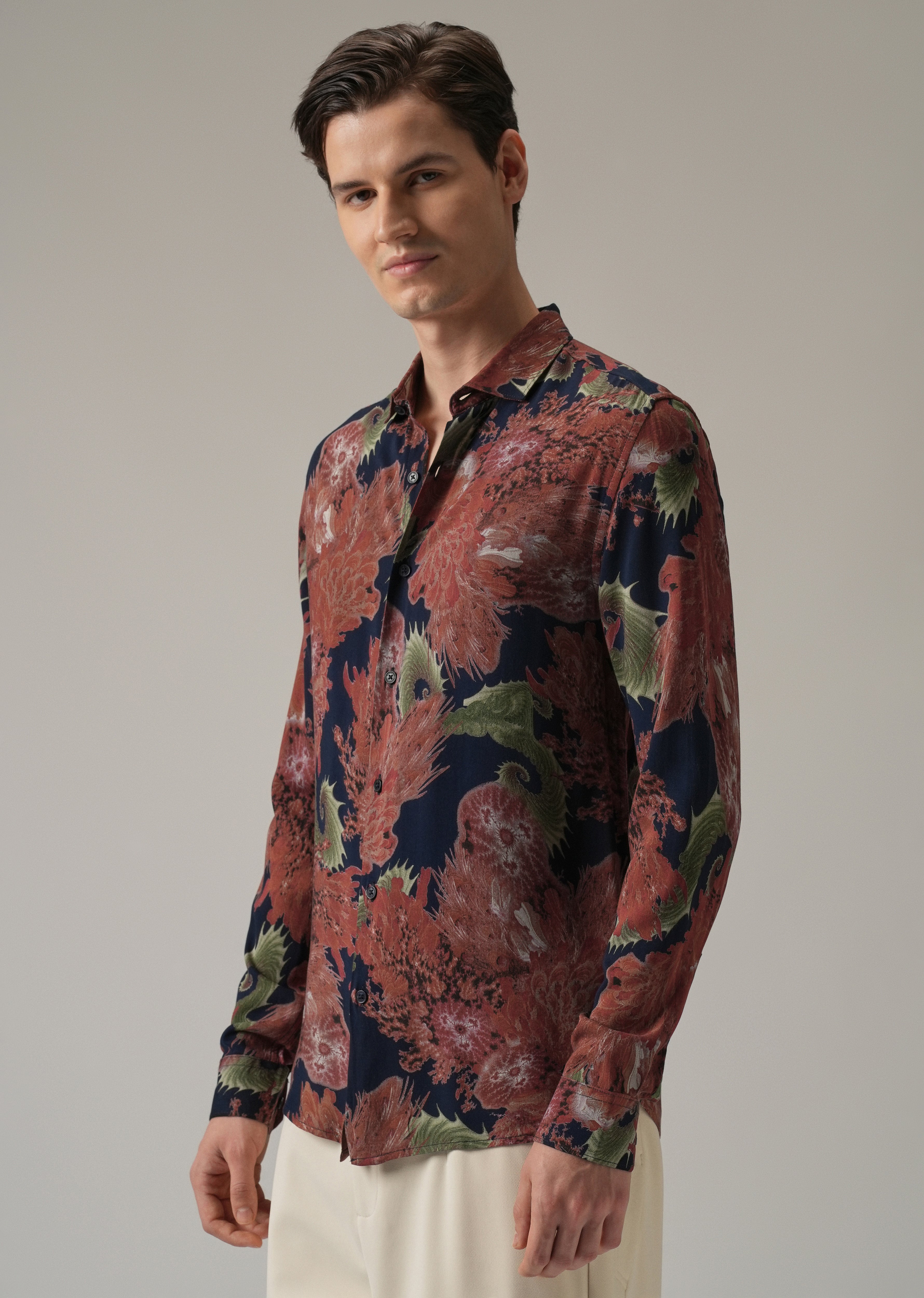 Red Prickly Flora Print Feather Shirt