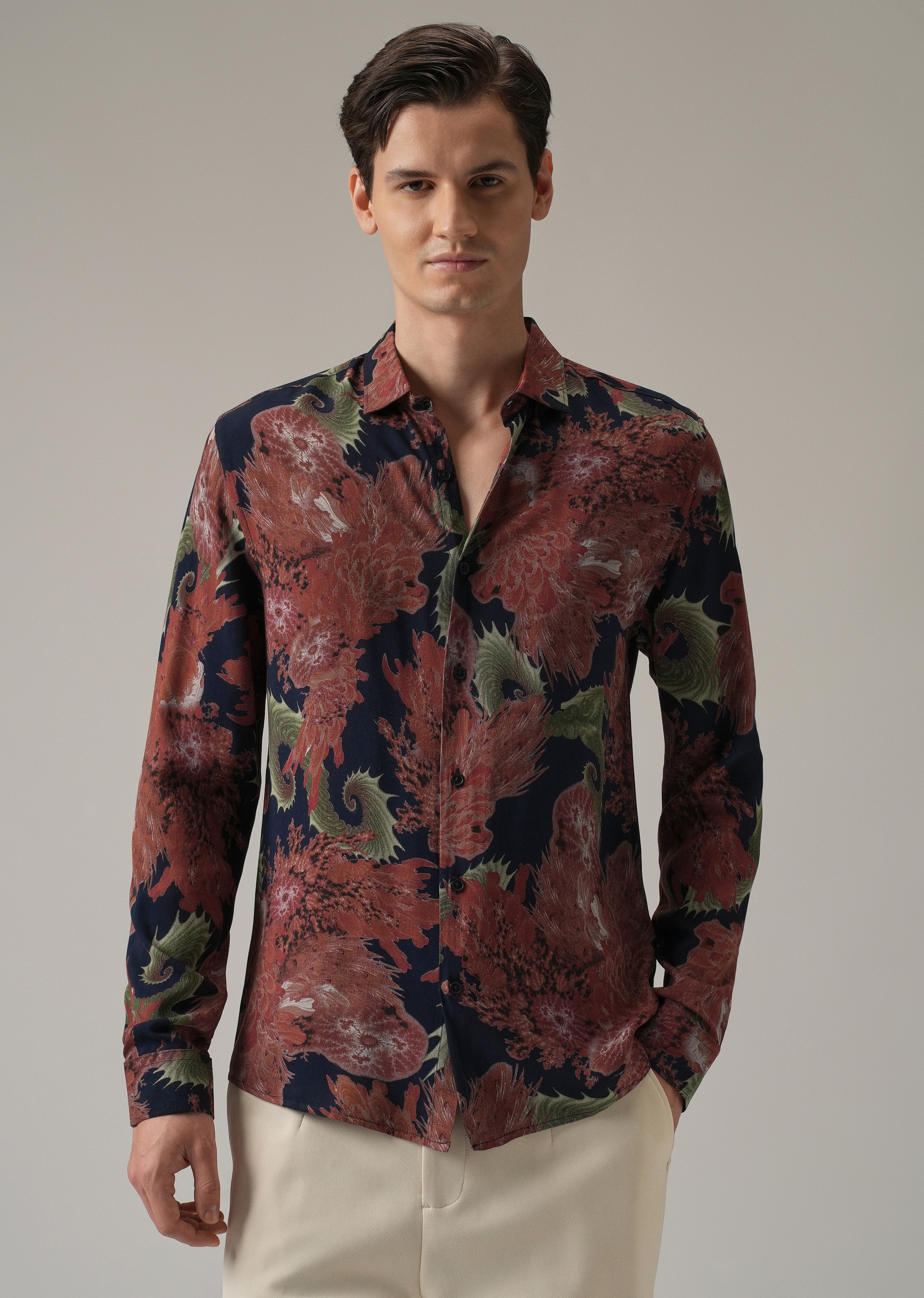 Red Prickly Flora Print Feather Shirt