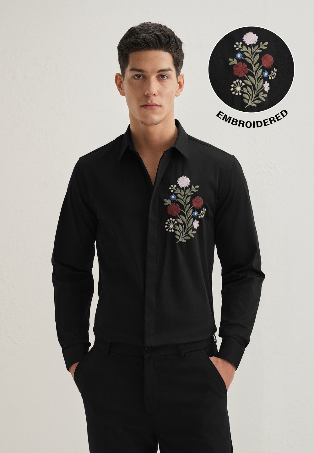 Red Floral Embroidery Black Designer Shirt