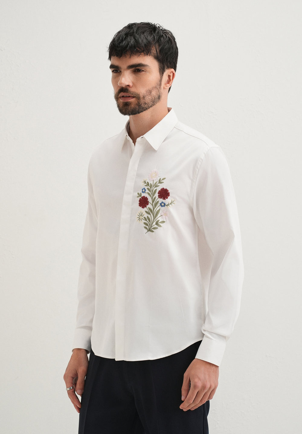 Red Floral Embroidery White Designer Shirt
