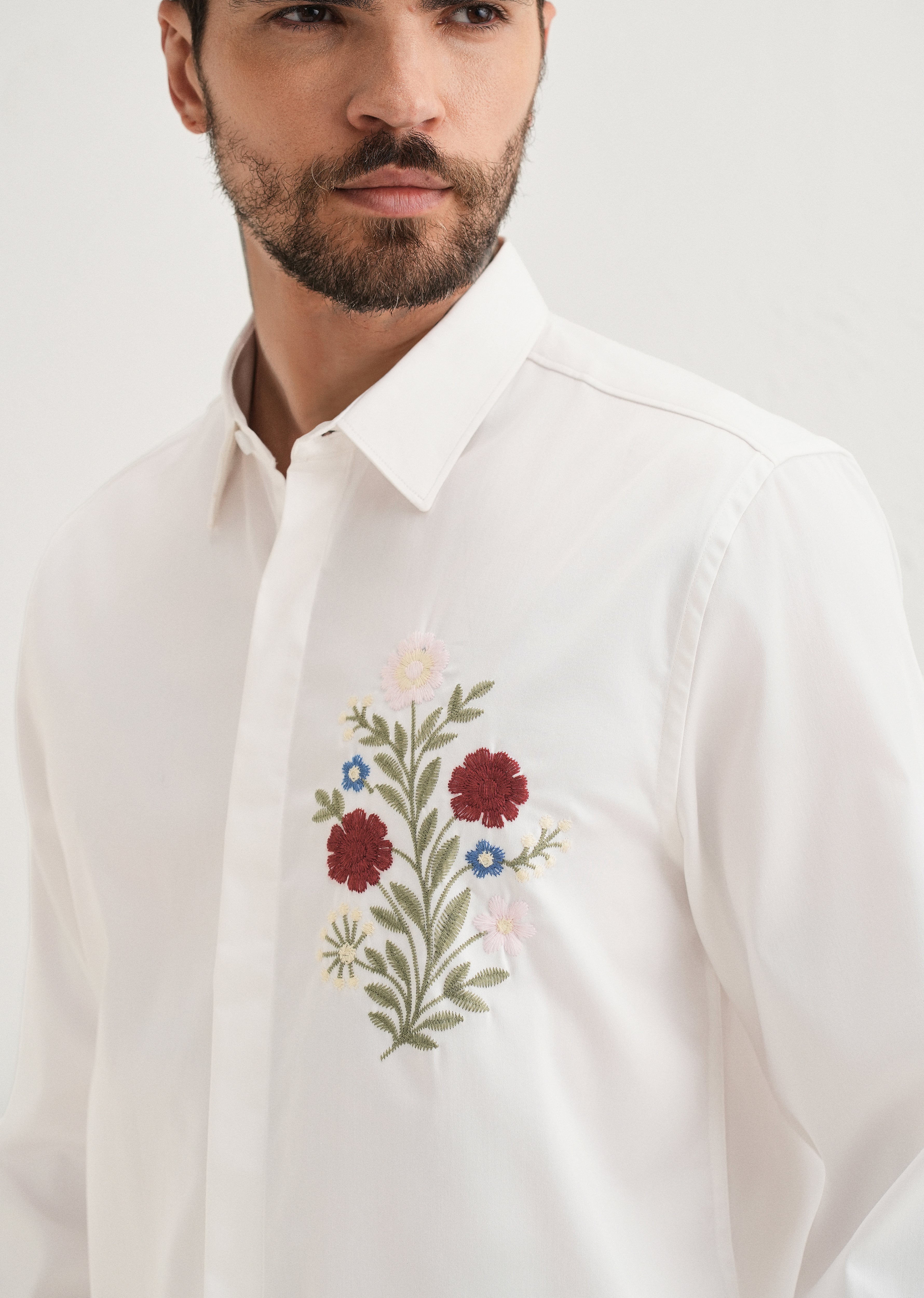 Red Floral Embroidery White Designer Shirt