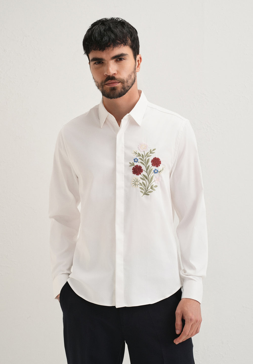 Red Floral Embroidery White Designer Shirt