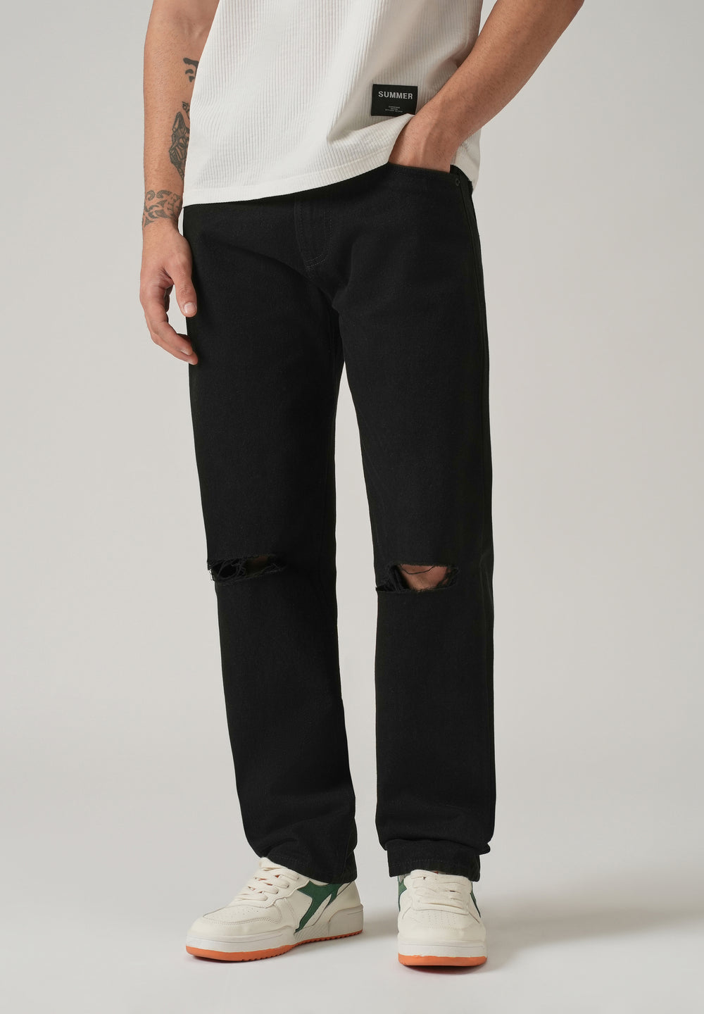 Relaxed Fit Distressed Black Jeans