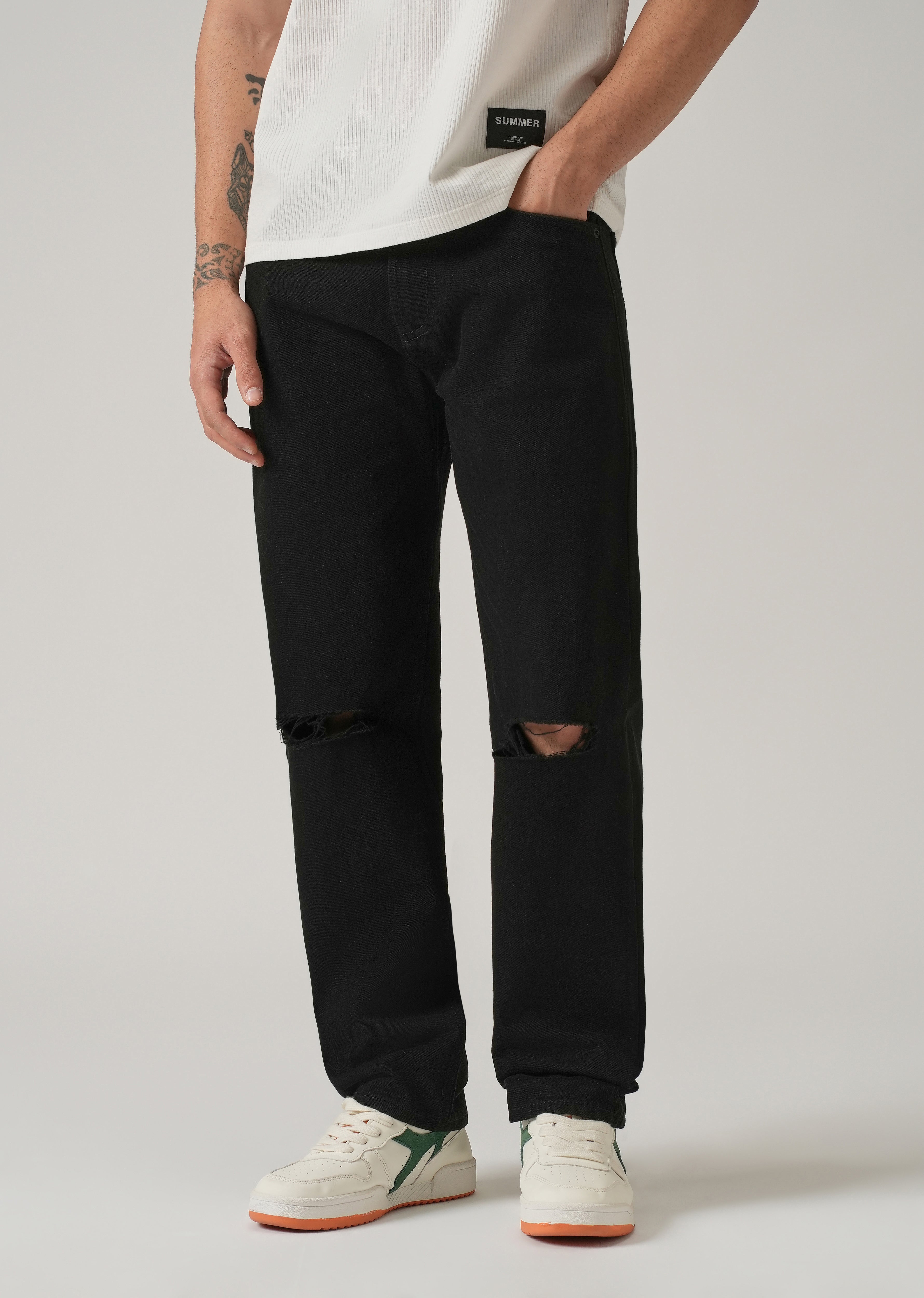 Relaxed Fit Distressed Black Jeans